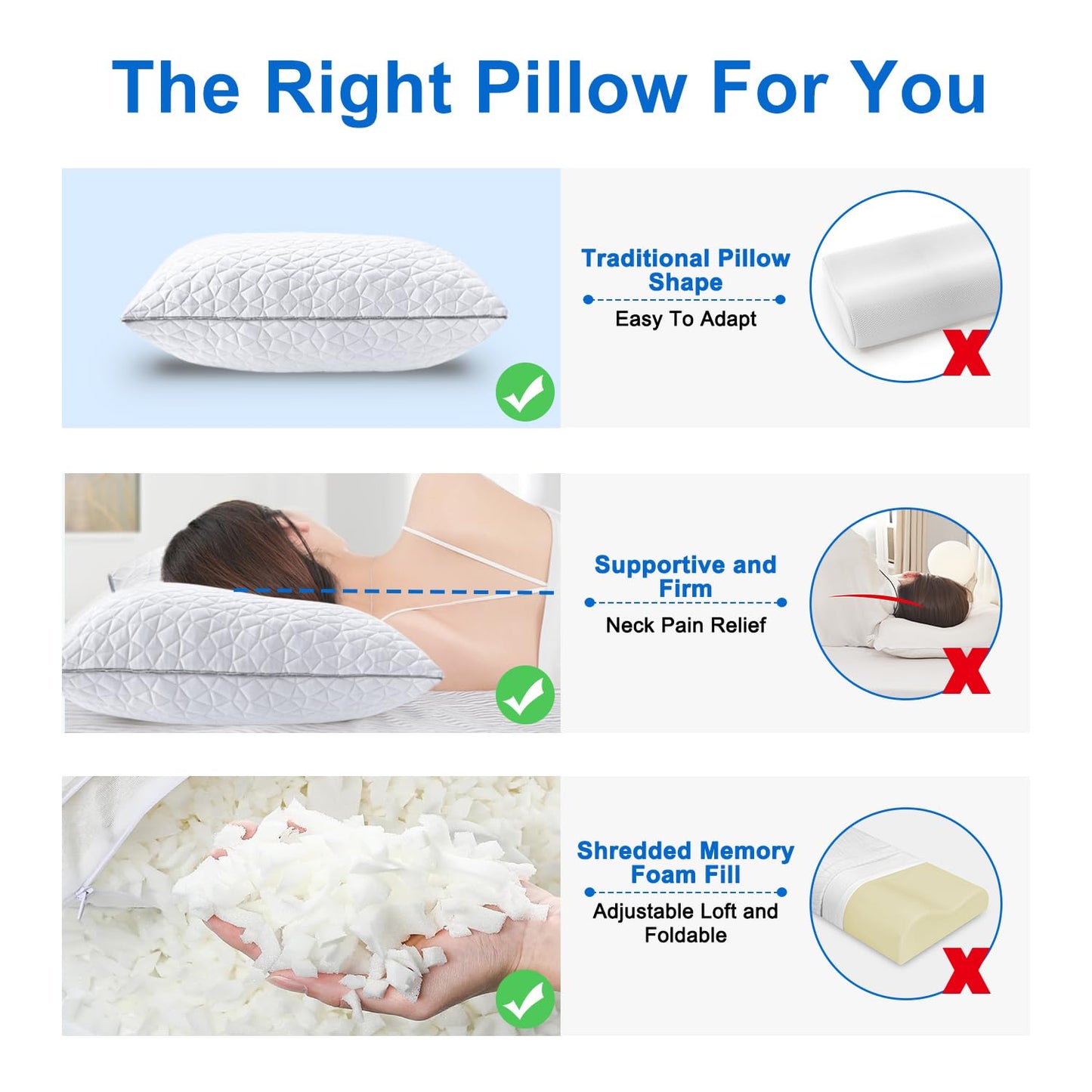 Cooling Pillows Standard Size 2 Pack, Shredded Memory Foam Pillows, Adjustable Firm Bed Pillows Cool Cold Pillow for Hot Side Back Stomach Sleepers with Removable Washable Cover, 20" x 26", White