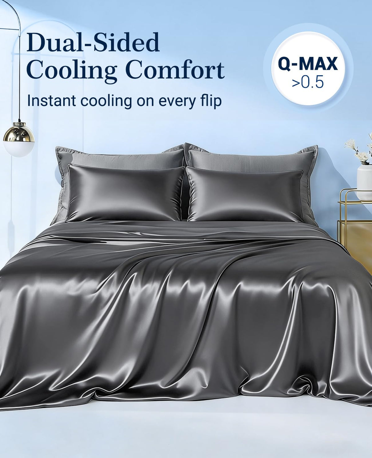 Elegear Cooling Comforter King Size, Double-Side Arc-Chill 3.0 Instant Cool Satin Comforter, Q-max>0.5, Silky Smooth Cooling Blanket for Hot Sleeper, Lightweight Luxury Summer Blanket, 108"x90", Gray