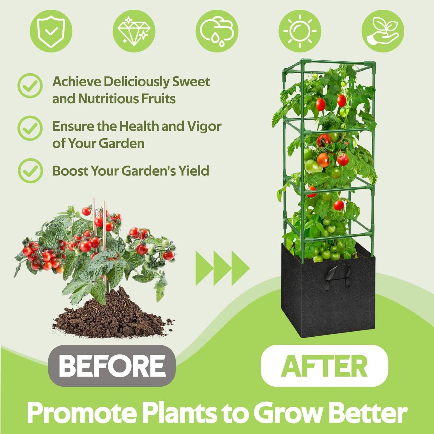 Glazeal 3 Pack Tomato Cages with 17 Gallon Grow Bag - 120cm Square Plant Support Trellis Tomato Planter Pots Kit - Garden Stakes for Vertical Climbing Plants Vegetable Flower Fruit Outdoor Indoor