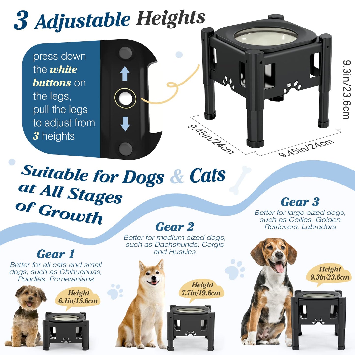 Lewondr Dog Water Bowl, 80OZ Large Capacity Raised Water Bowl for Dogs with Dog Slow Feeder Bowl, No Spill Water Bowl for Dogs 3 Heights Adjustable Elevated Dog Bowl Stand for Small Medium Large Dogs