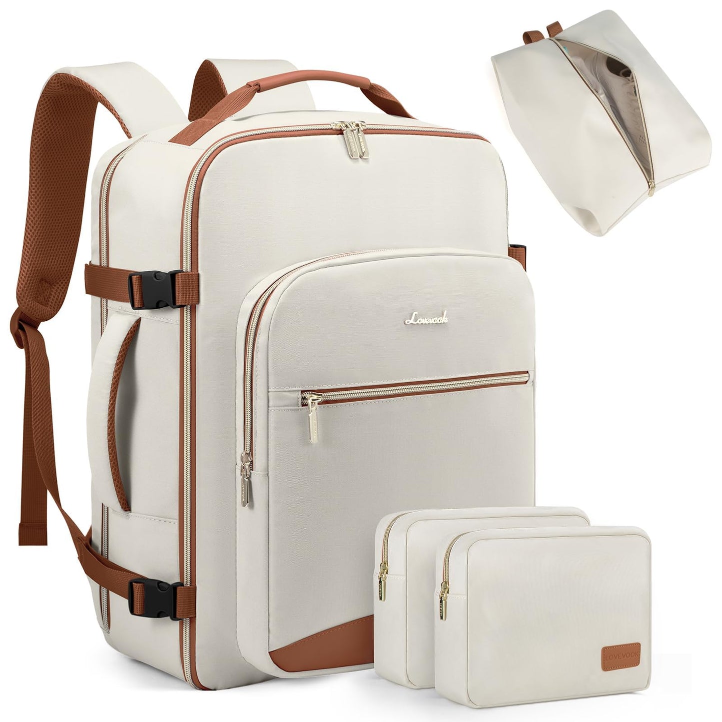 LOVEVOOK Travel Backpack Women, Flight Approved Carry On with 17.3inch Laptop Compartment, Personal Item with 3 Packing Cubes, Perfect for College, Hiking, Overnight, Beige