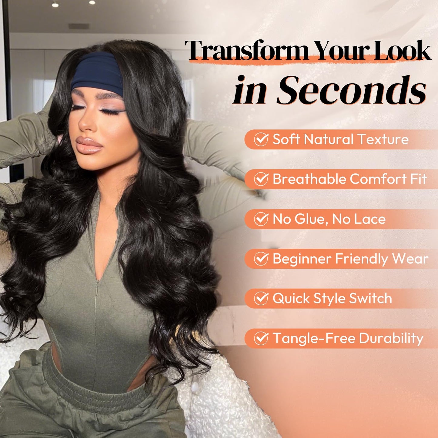 BARSDAR Dark Brown Wavy Headband Wig - 26 Inch Long Loose Body Wavy Synthetic Headband Wig for Women - Wear and Go Glueless Wig Soft Lightweight Natural Looking Easy Wear Head Band Wigs