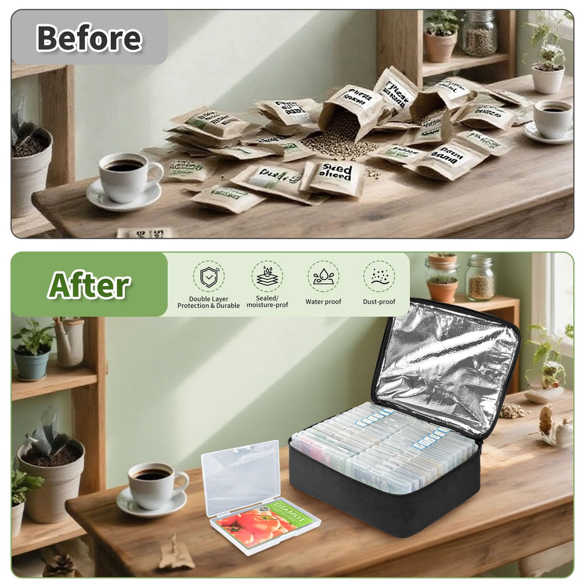 Boczif 26 Slots Seed Storage Organizer Box with Insulated Bag Seed Envelopes Bag and Label Stickers, Garden Seed Container for Seed Packets, Plant, Flower, Vegetable Seeds