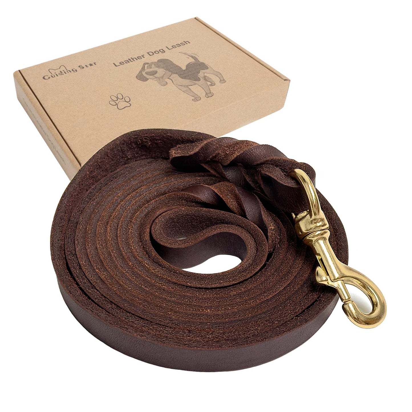 Guiding Star Brown 10ft Braided Leather Dog Training Leash with Copper Hook, Heavy Duty Dog Leash for Large, Medium and Small Dogs, Two Sizes for Your Choice (L)