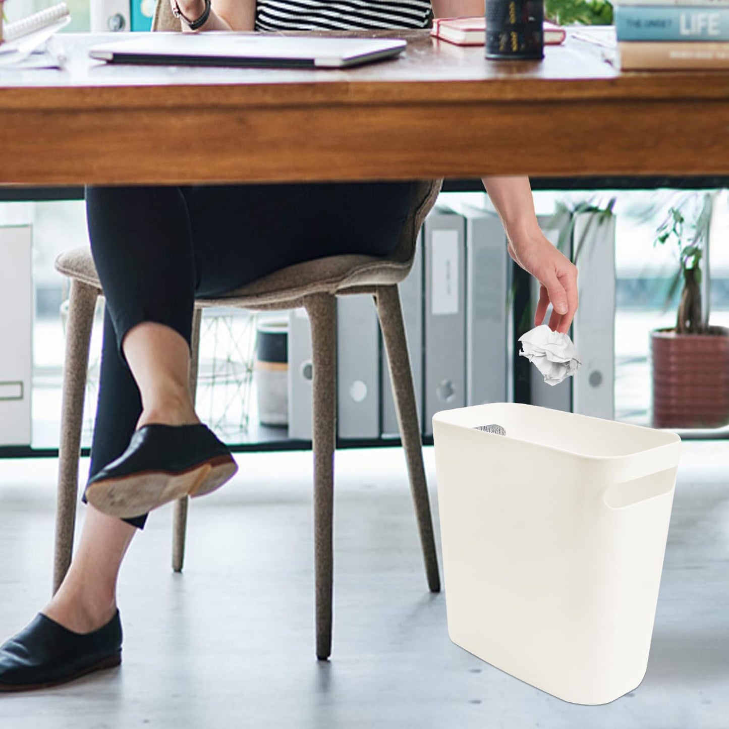 Trash Can with Handle 4 Pack, 1.5 Gallon Slim Garbage Bin for Small Spaces, Rectangular Plastic Wastebasket for Bathroom, Bedroom, Office, Under Sink, Ivory