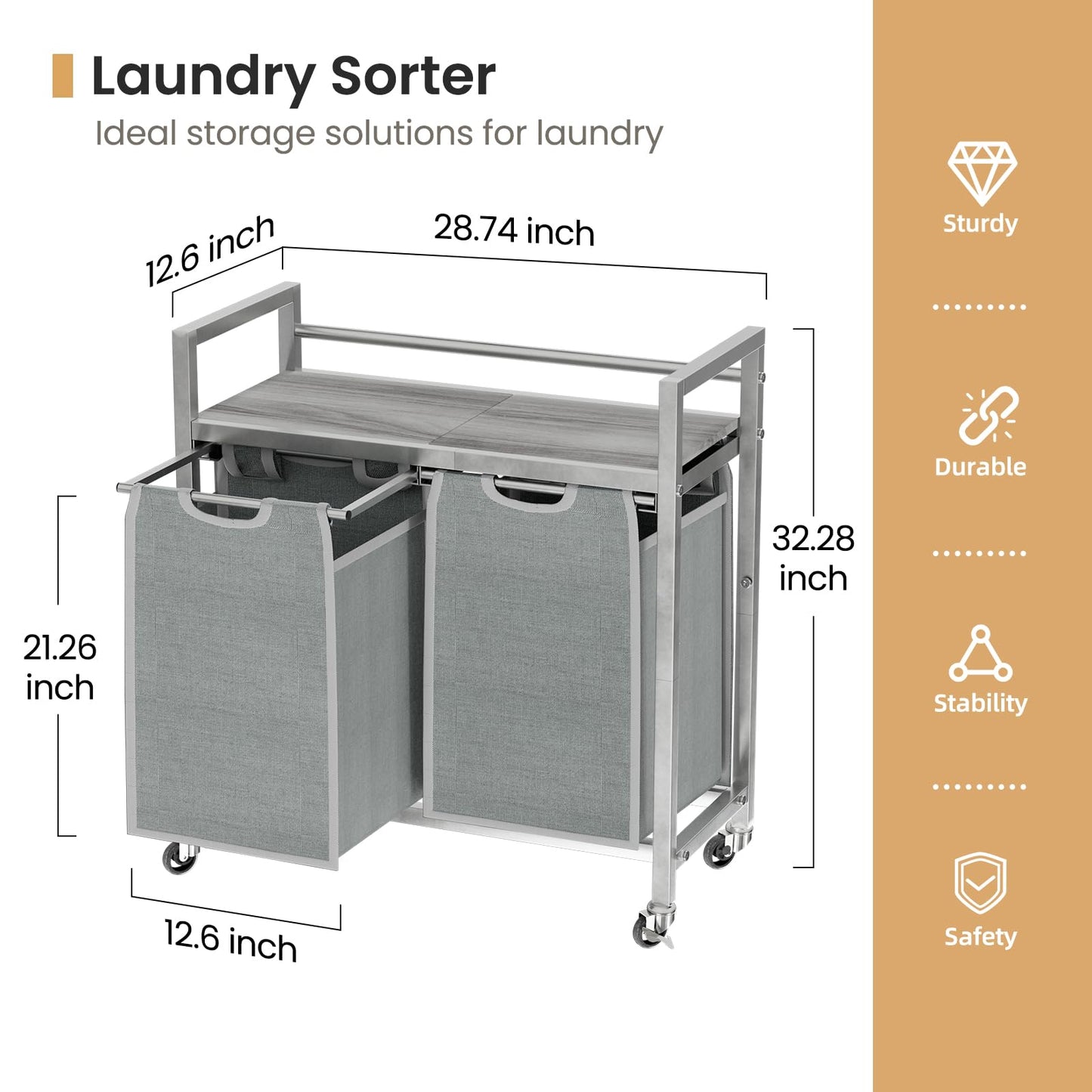 SwaaVee Laundry Hamper Basket, Laundry Sorter with 2 Removable Bags, Clothes Basket with 2 Compartments, Wheels, Shelf for Laundry Room Bathroom Bedroom (2 Bags-Grey)