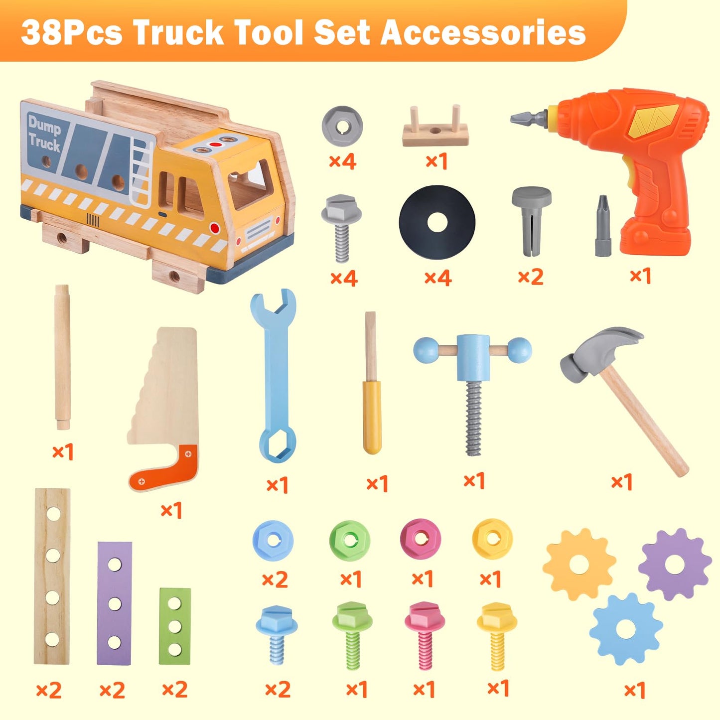 Aliex 38PCS Kids Wooden Truck Tool Set with Toy Drill for Toddlers Ages 3 4 5 6 ,Montessori STEM Educational Learning Construction Workbench Pretend Play Tool Kit,Birthday Sensory Gift for Boys Girls