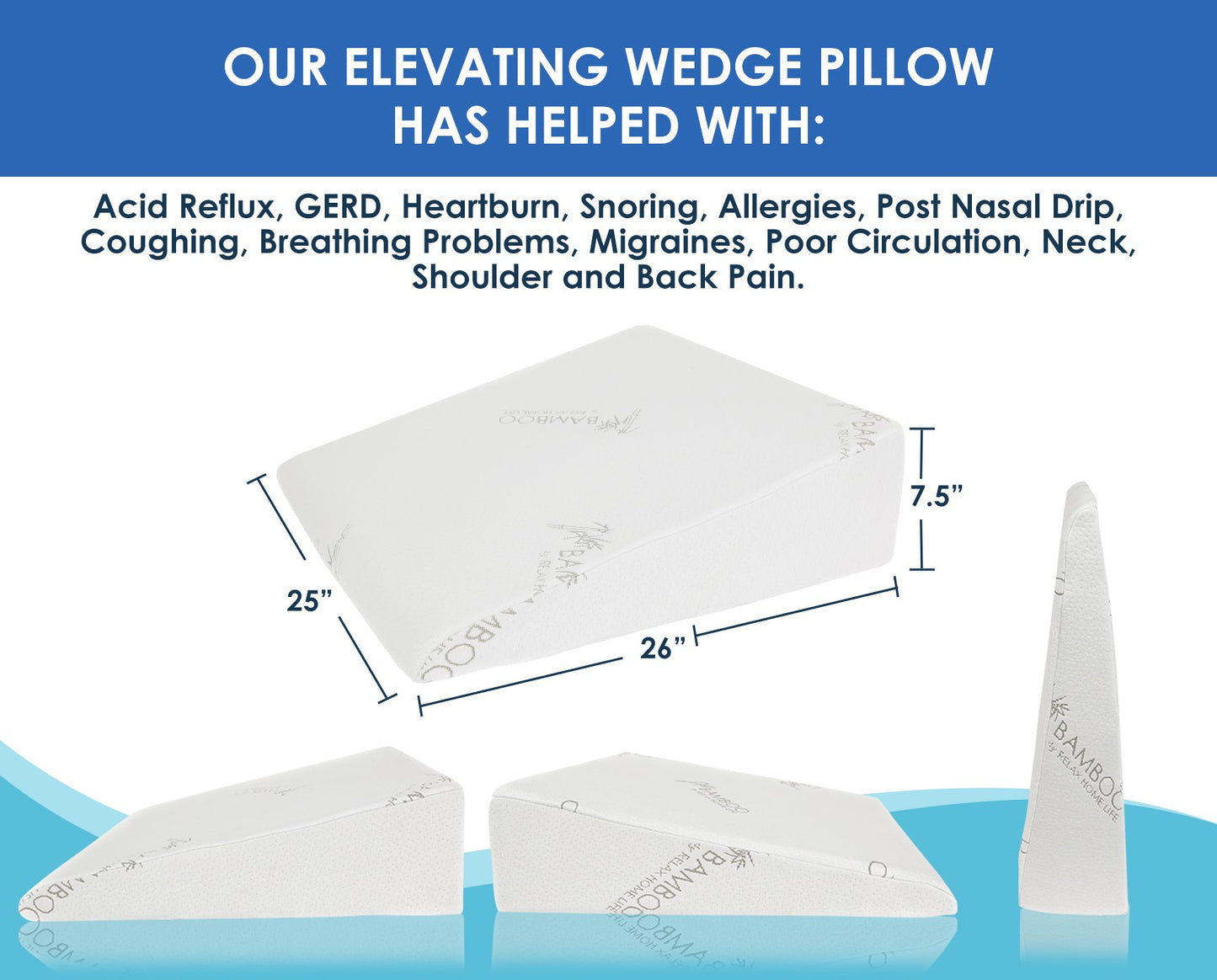 7.5 Inch Bed Wedge Pillow for Acid Reflux or Sleeping | 1.5 Inch Memory Foam Top with Stay Cool Cover | Incline Leg Elevation Pillows | Ideal for Gerd, Heartburn, and Snoring (25" Wx26 Lx7.5 H)