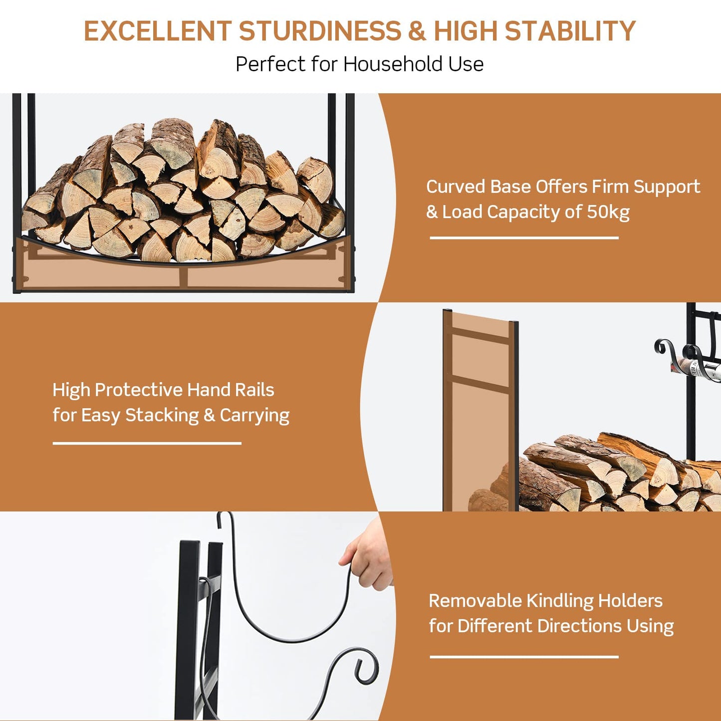 DORTALA 33'' Firewood Rack W/Removable Kindling Holder, Indoor Outdoor Steel Fireplace Wood Organizer, Easy Set-up Log Storage Stacker for Stove, Fire Pit