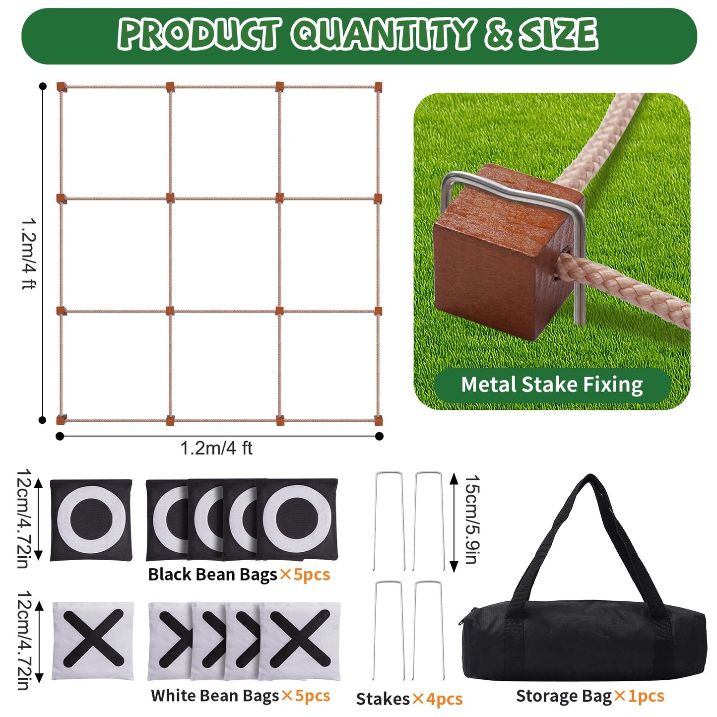 YOSHINE Tic Tac Toe Games Outdoor - 4ft x 4ft Giant Tic Tac Toe Game Outdoor, Bean Bag Toss Game for Outdoor Lawns, Courtyards, Birthday Parties, and Family Gatherings, Suitable for Kids and Adults