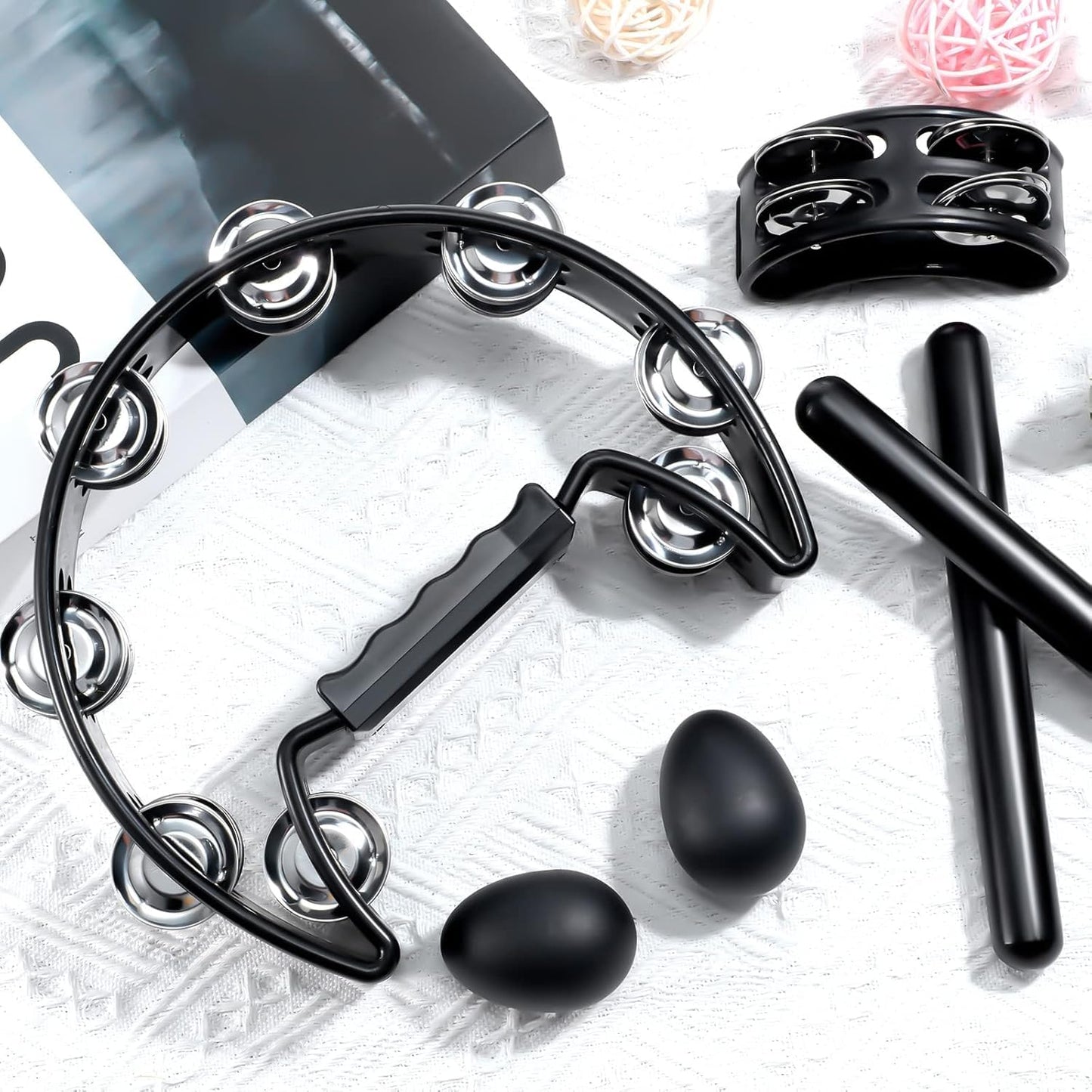 8 Pcs Tambourines for Adults, Hand Held Half Moon Tambourine Foot with Bells Wood Rhythm Sticks Egg Shakers Musical Hand Percussion Instrument Set for Church KTV School Party Music Supplies