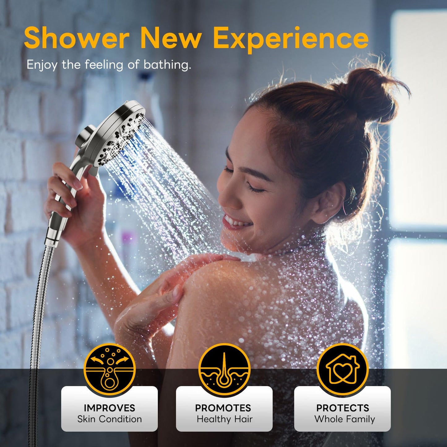 High Pressure 10 Ways Handheld Shower Head Brushed Nickel- Anti-Clog Nozzles,Wall & Overhead Brackets,Magnetitc Rainfall Shower Wand,Built-in 2 Power Jet (Brushed Nickel)