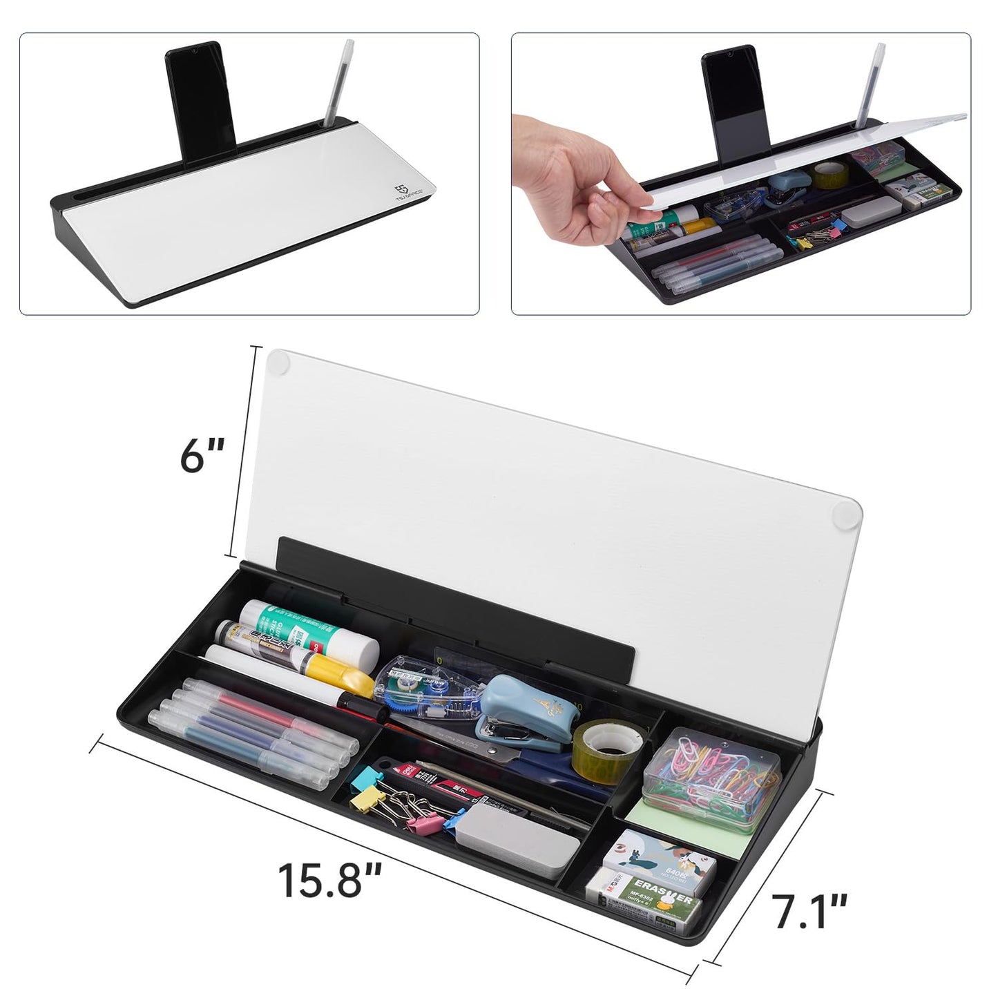 TSJ OFFICE Small Desktop Whiteboard -Glass Dry Erase Board Computer Keyboard Stand White Board Surface Pad with Drawer, Desk Organizers with Accessories for Office, Home, School Supplies - Black