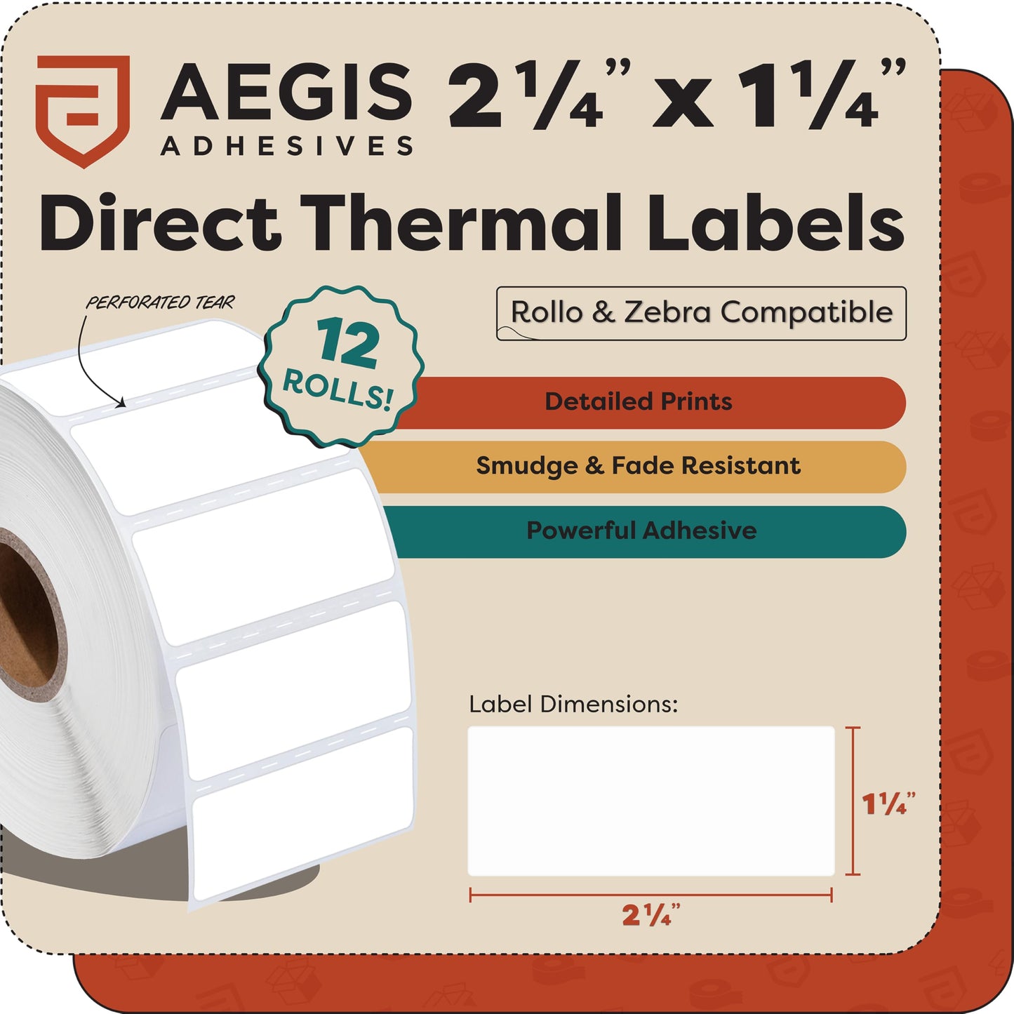 Aegis Adhesives - 2 1/4" X 1 1/4" Direct Thermal Labels (12 Rolls, 1000 Labels/Roll) for Barcodes, Address - Perforated, Compatible with Rollo, Zebra, and Other Desktop Label Printers