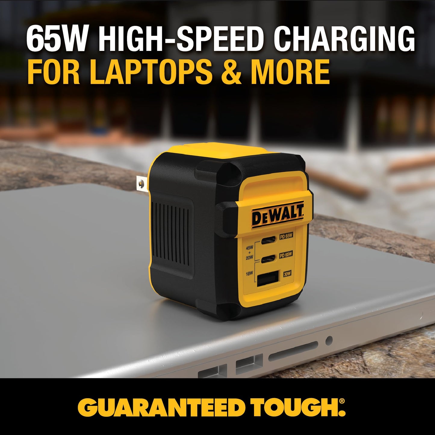 DEWALT Heavy Duty 3 Port Dual USB C Charger Block, USB C Power Adapter GaN Charger (65W), PPS 3-Port Fast Compact Foldable for MacBook Pro/Air iPad Pro Galaxy S23 Dell XPS 13 iPhone 17/16/15