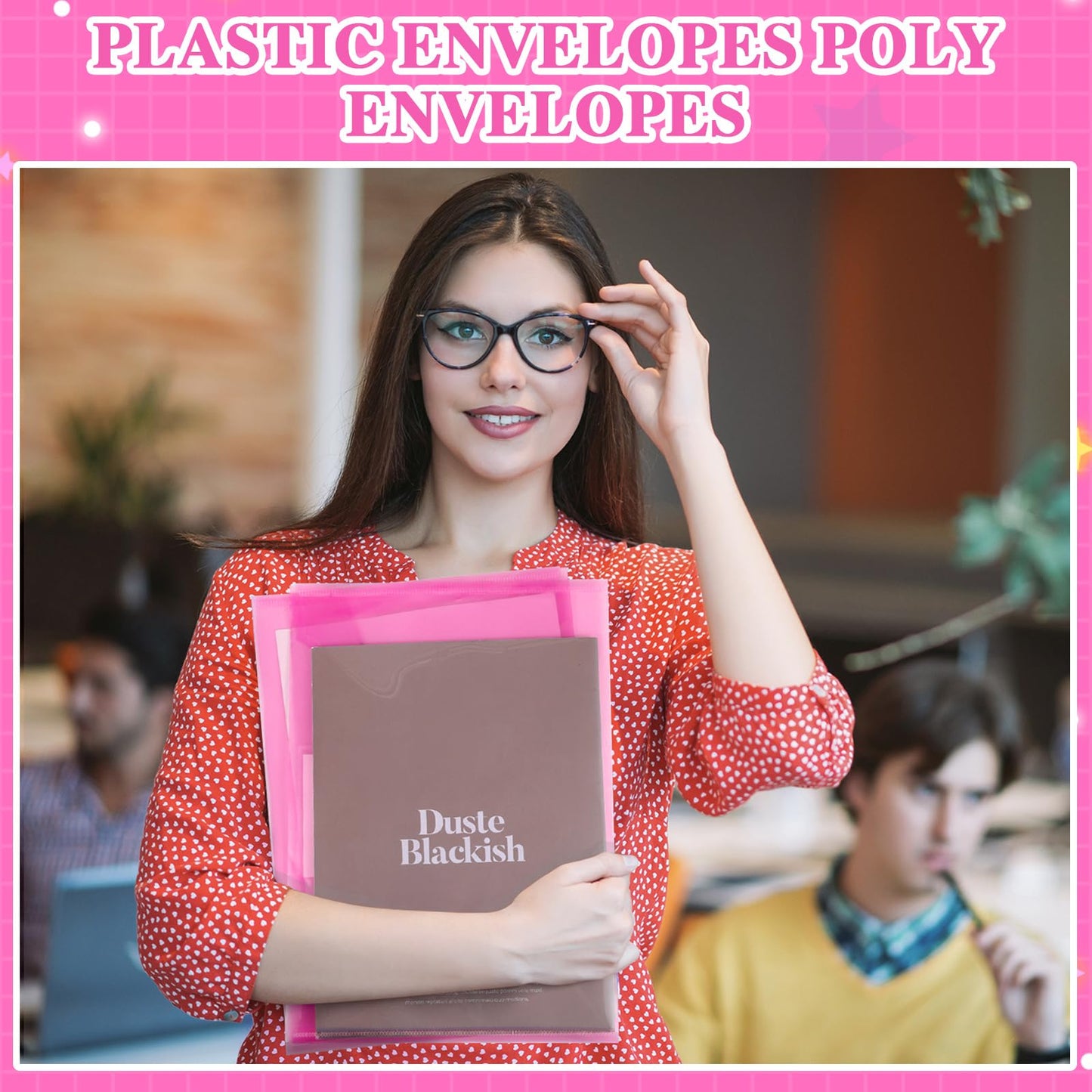 Yeaqee 50 Pcs Plastic Envelopes Poly Envelopes File Folders with Snap Button Closure Clear Folders for Documents US Letter A4 Size Filing Holder with Label Pocket for Home Office School(Pink)