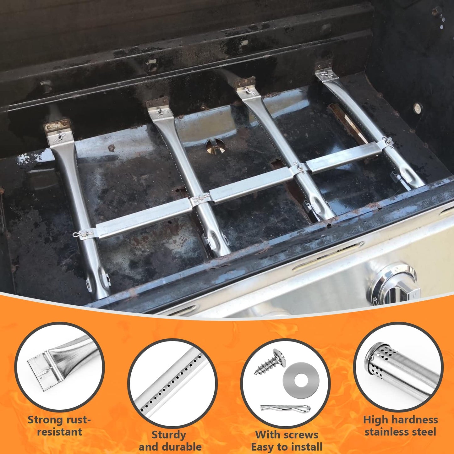Hisencn BBQ 4Pack Grill Burners4Pack Heat Plate and 3Pack Crossver Tube Replacement Parts For Charbroil 463436215 463436213Thermos 466360113 Gas Gril