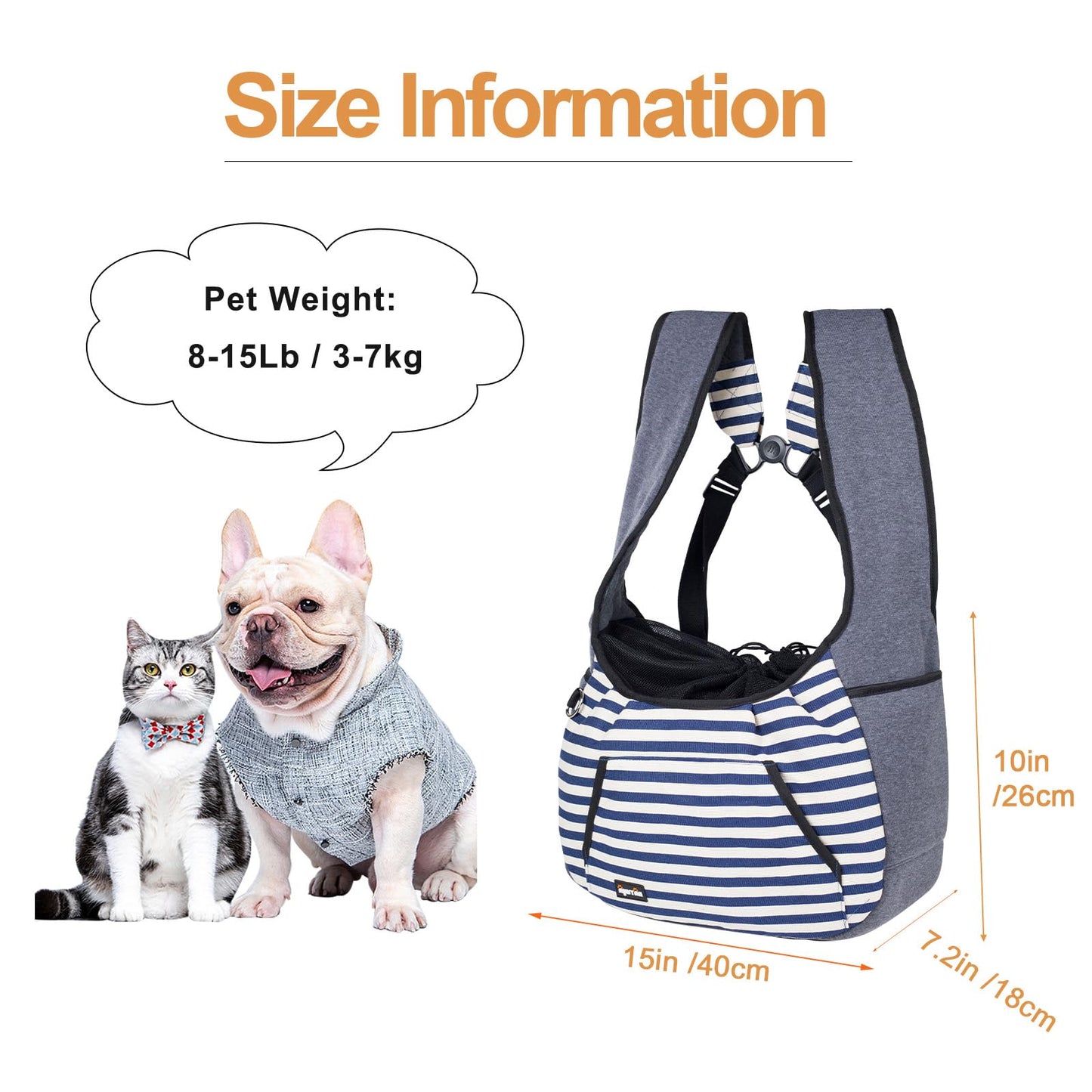Dog and Cat Sling Carrier - Adjustable Pet Front Travel Bag With Bottom Pad for Small Pets 5-15 Lb - Blue Strip