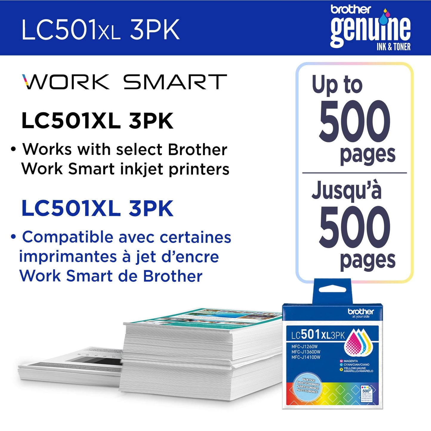 Brother Genuine LC501XL High Yield Ink Cartridges 3-Pack (Cyan, Magenta, Yellow) | Replacement for MFC-J1260W, MFC-J1360DW, MFC-J1410DW | 500 Pages Each