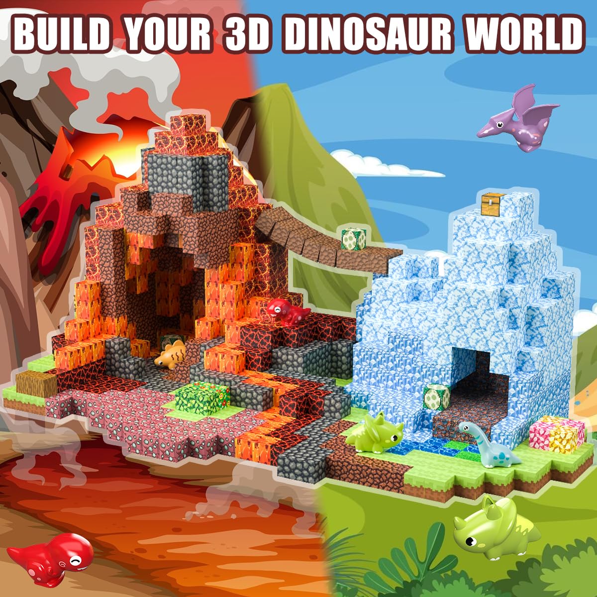 205Pcs Magnetic Blocks Dinosaur Building Set, 1 Inch Magnetic Building Blocks Magnet Dinosaur Building Toy Set Magnet Constructions Stacking Sensory STEM Toys for Toddler Boys Girls Christmas Birthday