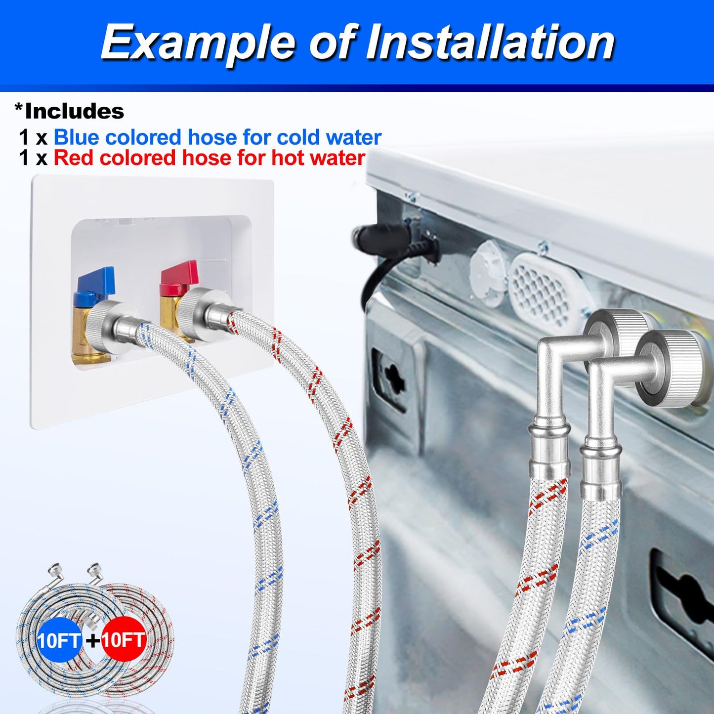 SPUREST Washing Machine Hoses (10 FT, 2Pack) - Food grade PEX Inner Tube, Stainless Steel Braided Wire, 90 Degree Elbow, Hot & Cold Water Supply Line