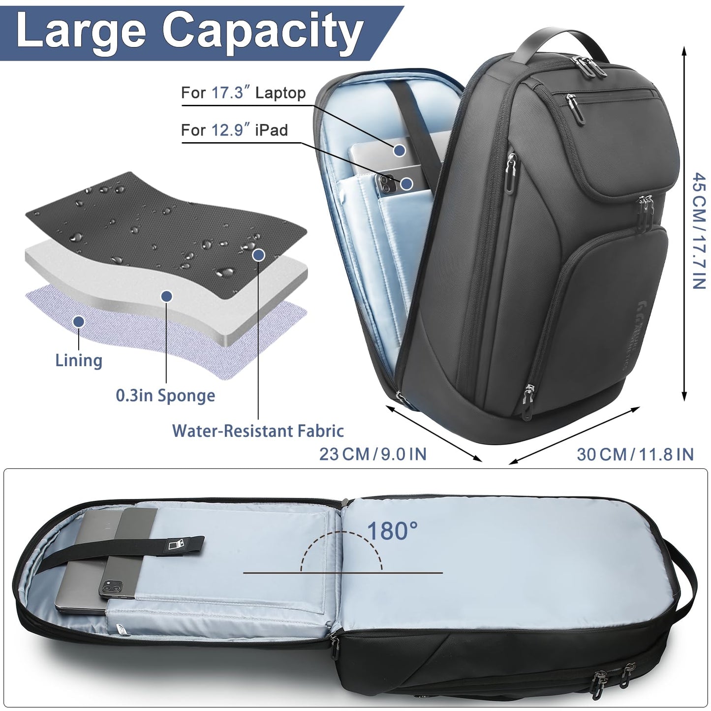 17.3 Inch Business Laptop Backpack for Men, Water-Resistant Anti-Theft Backpack with USB Charging Port, Large Durable Compact 30L Smart Computer Bag for Travel College Work-Black