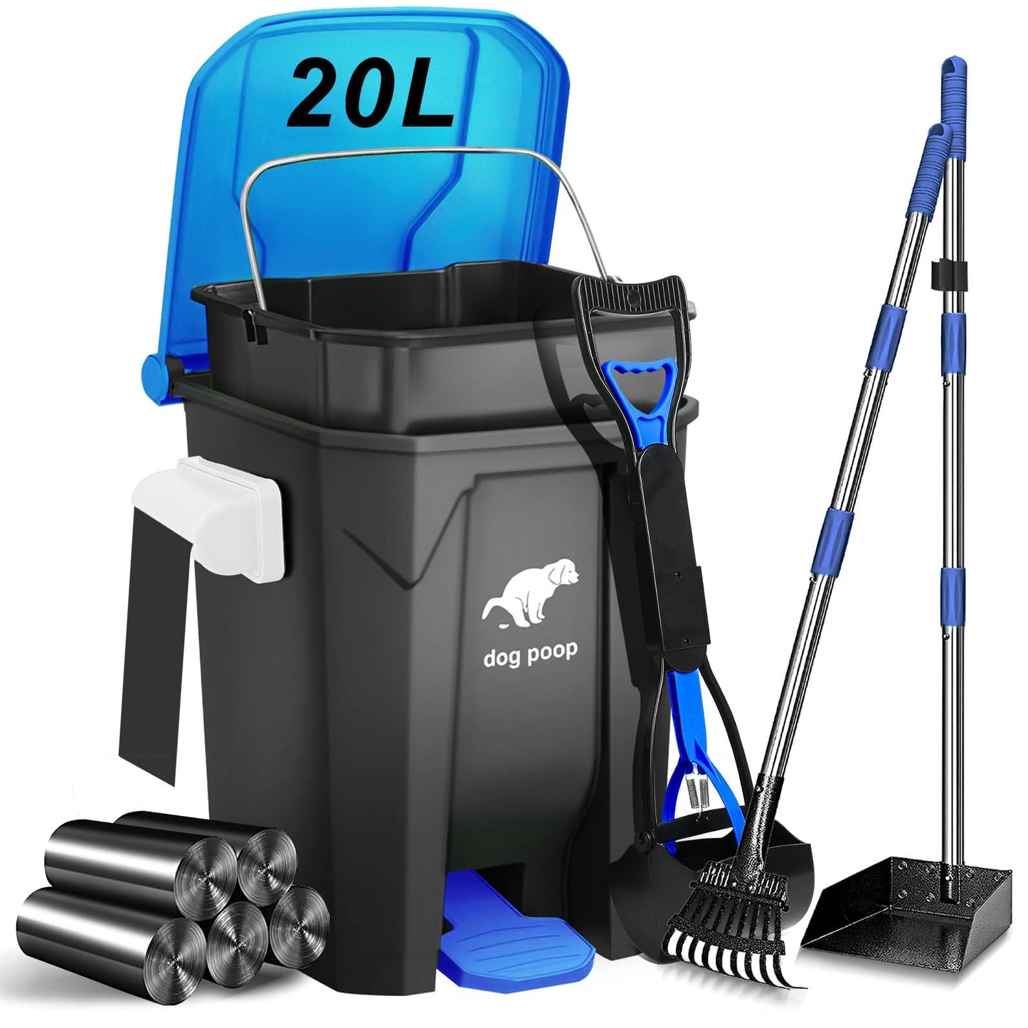 Uppcasir 20L/5Gal Dog Waste Trash Can with Lid, Pedal, Pooper Scooper, Metal Rake & Tray, 100 Bags, Blue