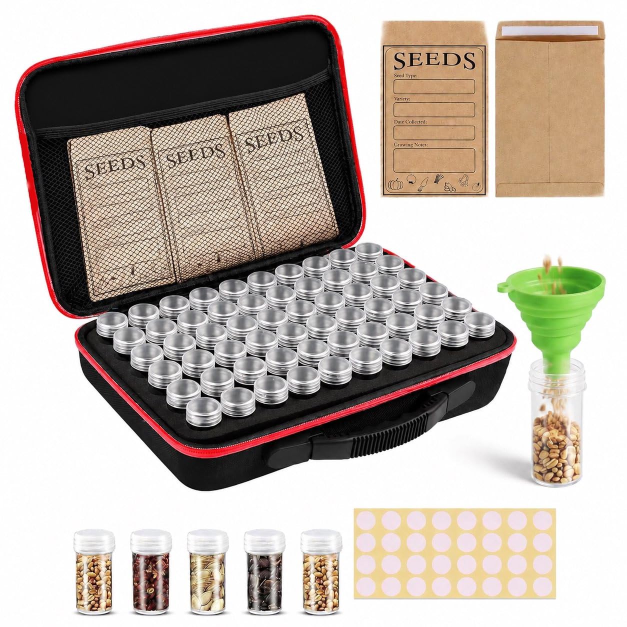 60 Slots Seed Storage Box,Garden Seed Storage Organizer Box with Plastic Storage Containers,Label Stickers,Seed Envelopes,Funnel for Various Sizes Vegetable and Flower Garden Seeds