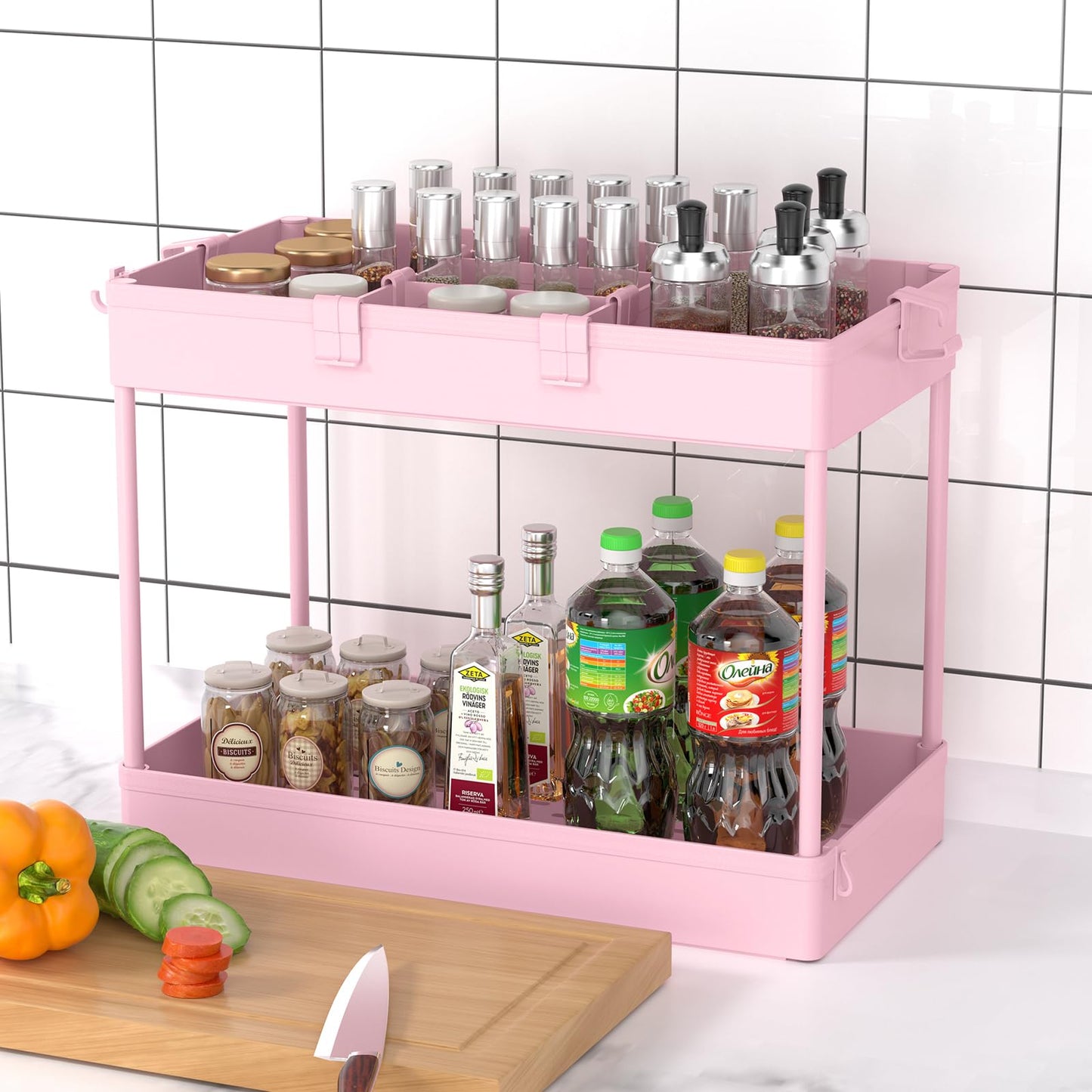 SPACELEAD Slim Storage Cart,3 Tier Bathroom Rolling Organizer Slide Out Mobile Shelving Unit Trolley for Office Kitchen Laundry Room Narrow Places, Pink