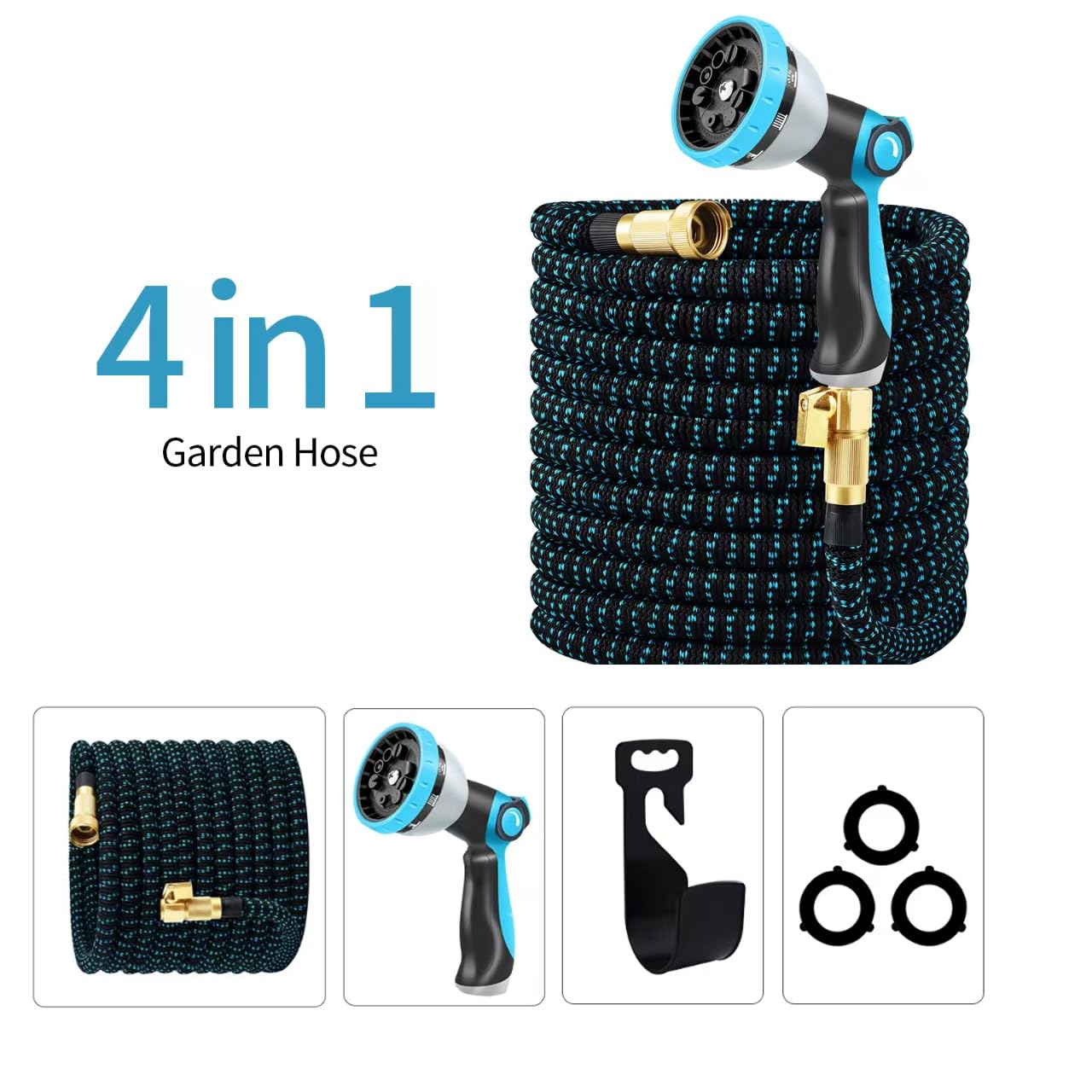 Expandable Garden Hose, Water Hose 100ft with 10 Function Nozzle, Flexible Hose with 3/4" Solid Brass Fittings, Extra Strength Fabric, Easy Storage Kink Free, Black & Blue