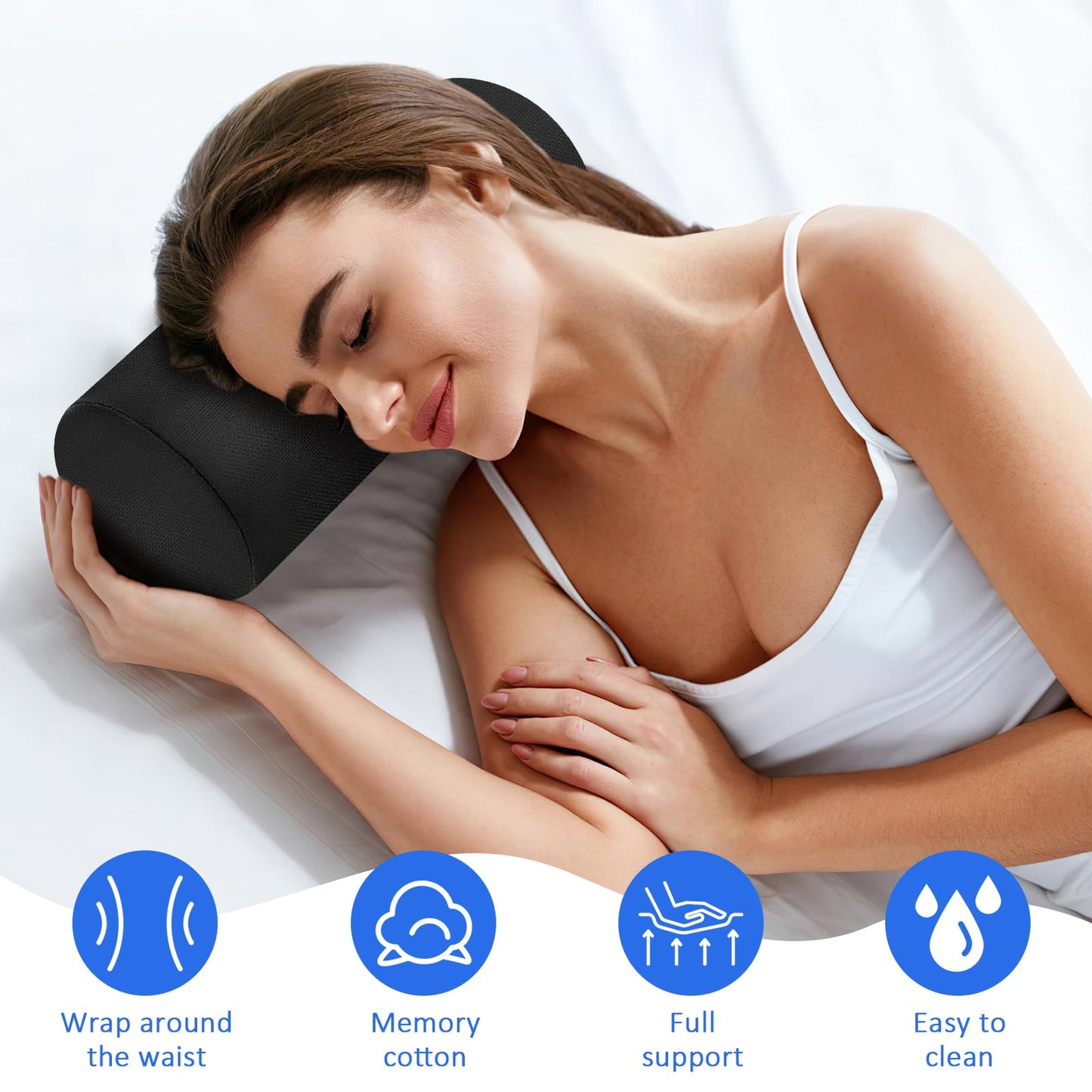 2 Pack Lumbar Roll Support Pillows, 11 Inch Neck Roll Pillow for Office Chair Car, Memory Foam Back Cushion with Adjustable Strap and Washable Cover