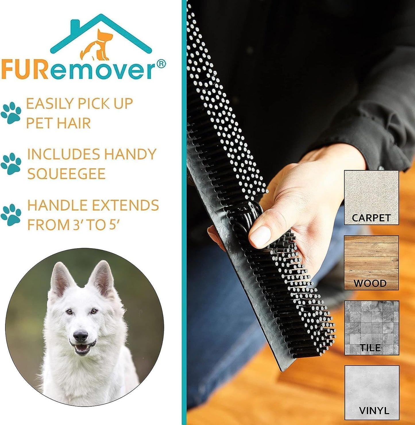 FURemover Broom SW-250I-AMZ-6, Pet Hair Removal Tool with Squeegee & Telescoping Handle That Extends from 3-5', Black & Yellow,1 Count (Pack of 1)