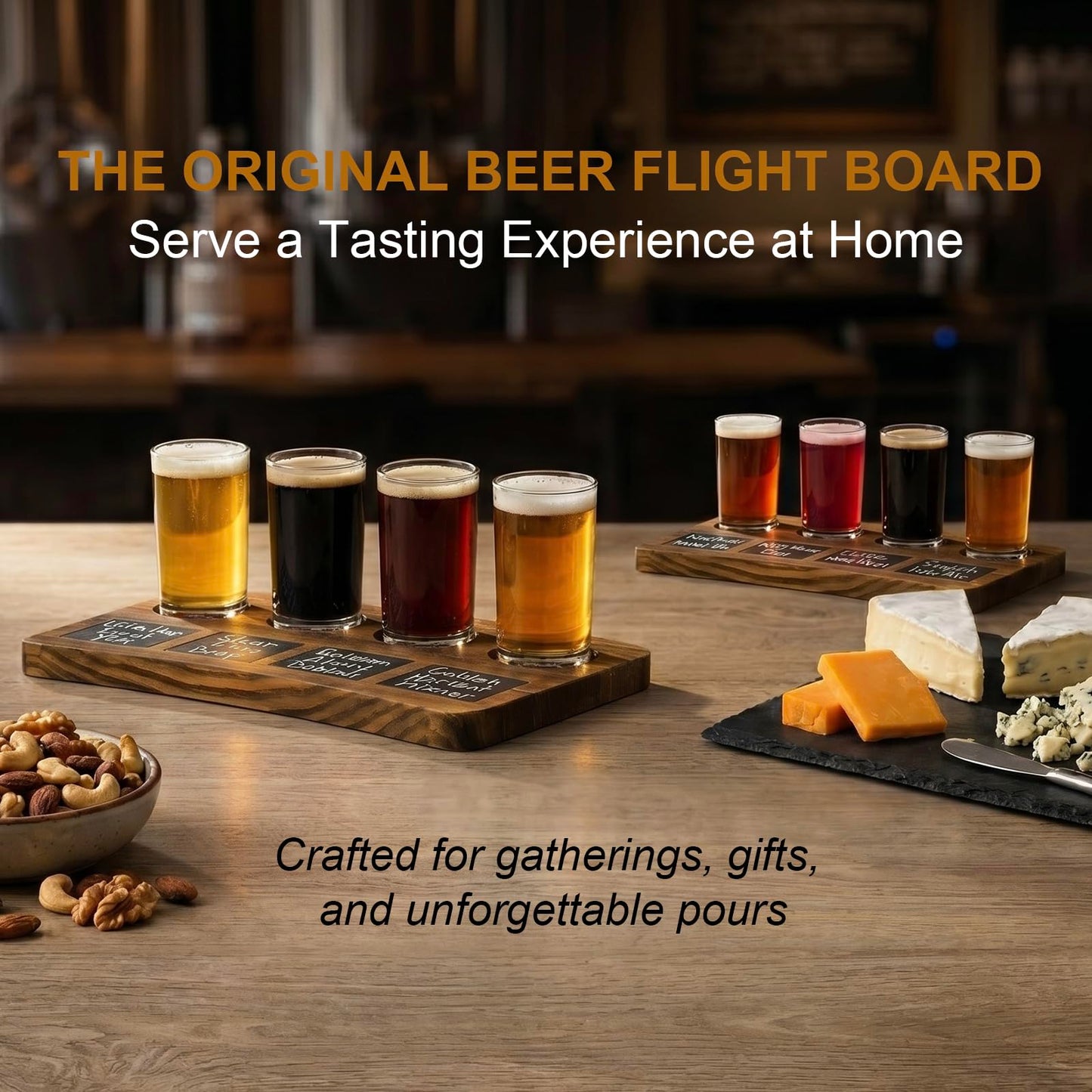 MyGift 4-Glass Dark Brown Wood Beer Flight Sampler Serving Tray with Chalkboard Labels, Set of 2