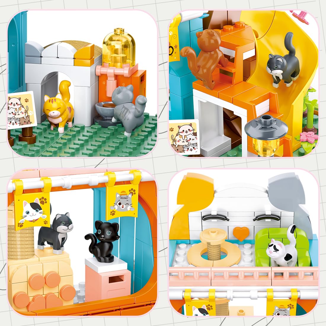 Cat House Building Set, Animal Playground Crossing Toy with 8 Cats and a Doll Minifigures Compatible with Lego Friends Pet Sets - Thanksgiving Christmas Birthday Gift for Girls Boys Aged 6-12