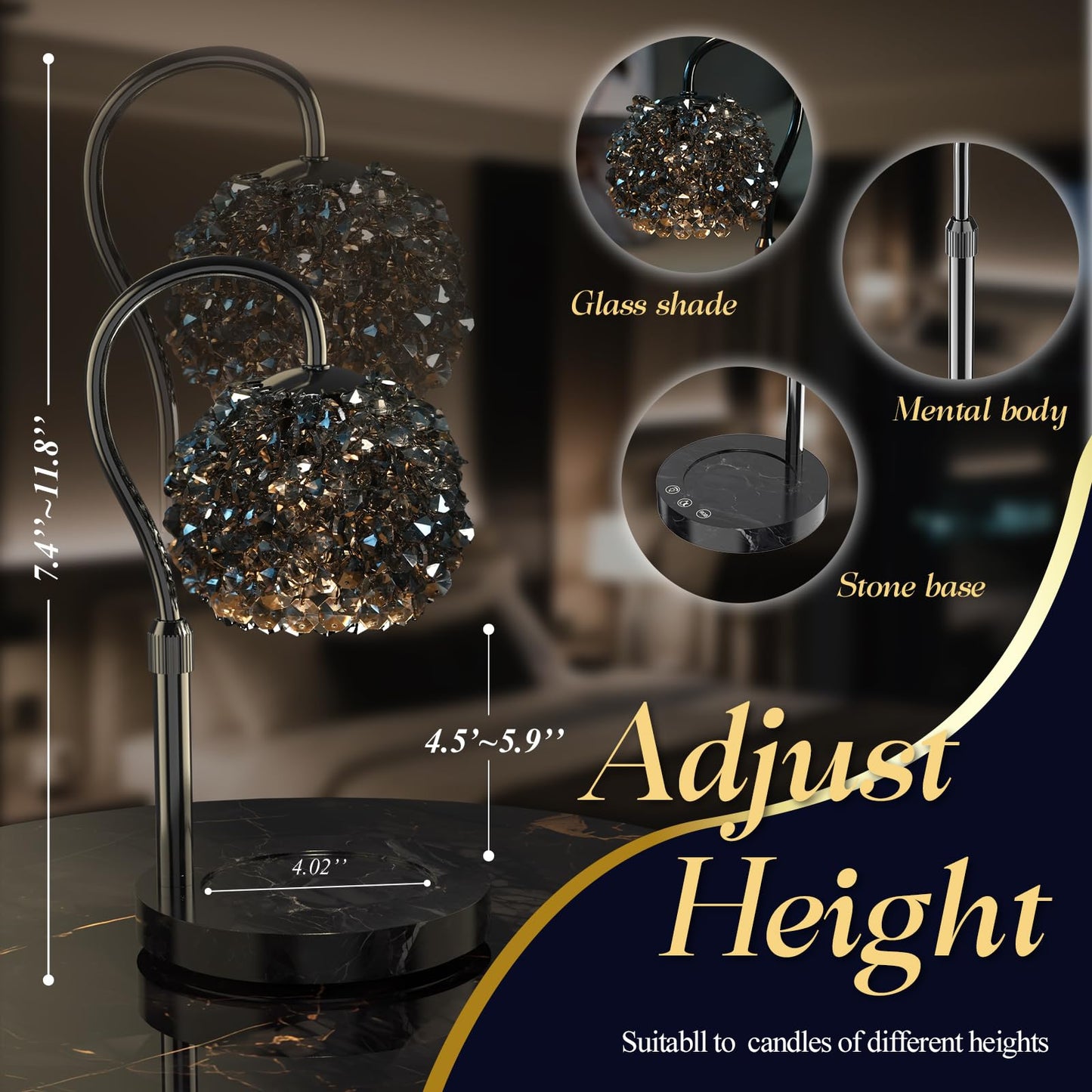 VXUNLIOR Luxury Candle Warmer Lamp with Crystal Gemstone Shade - Wax Melt Warmer for Home Decor (Black Without RGB)