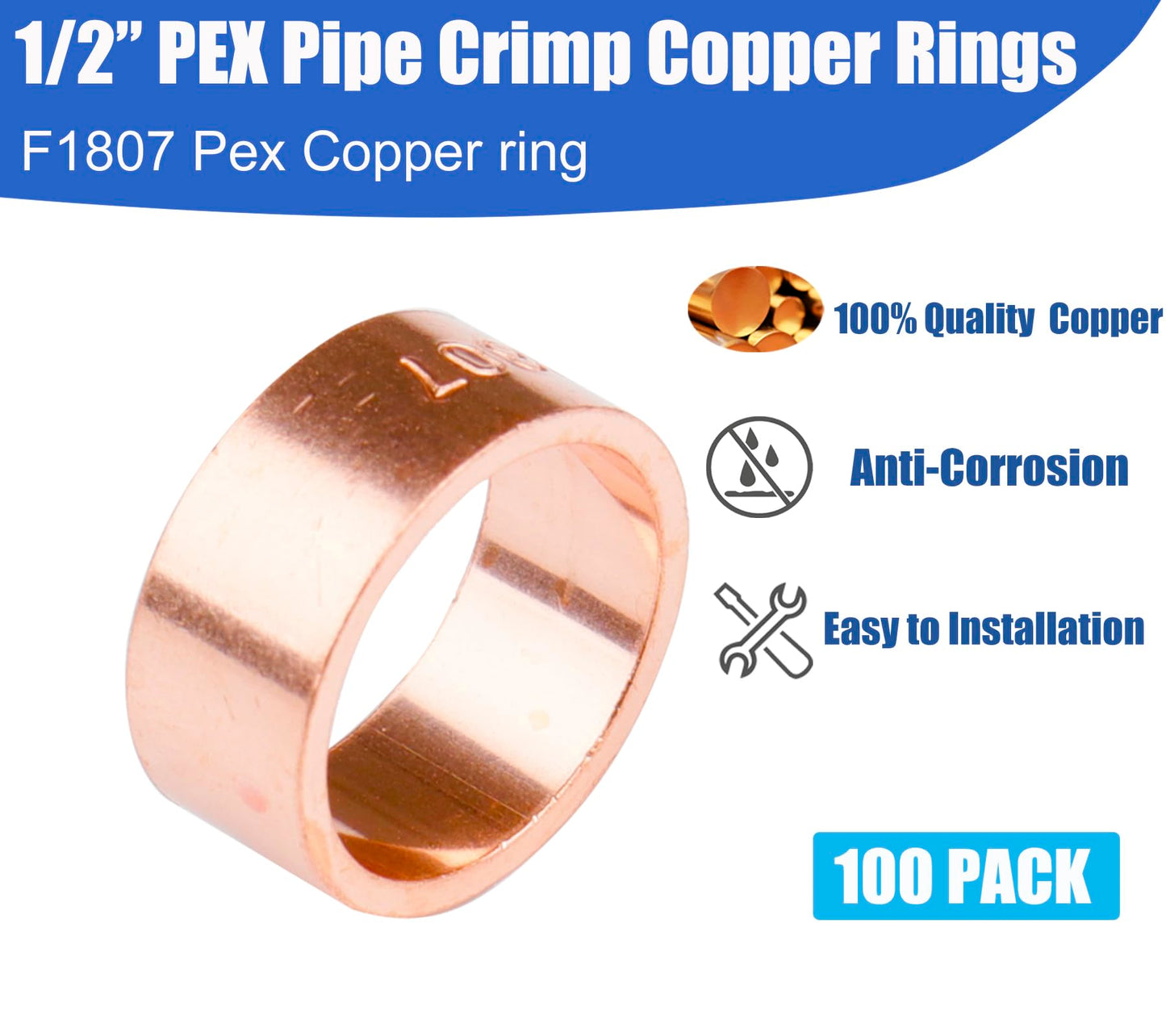 WHK 100 Pack 1/2" Pex Copper Crimp Rings for Pex Pipe Connection,Pex B Crimp.