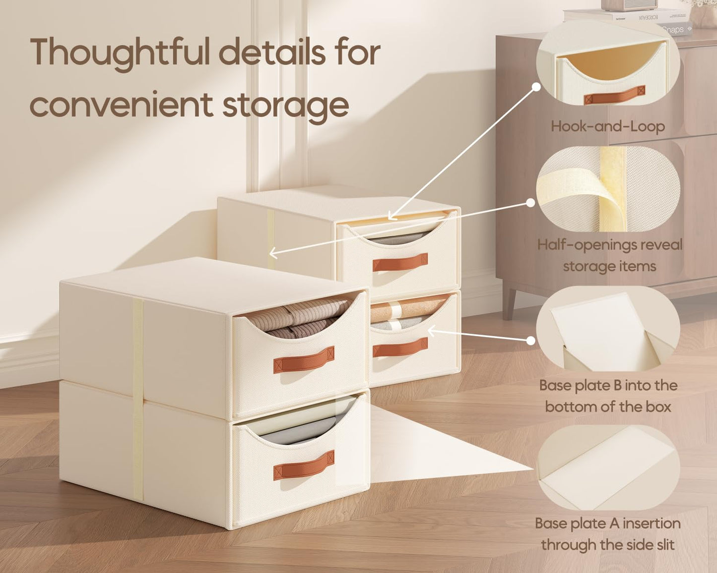 DIMJ Stackable Closet Drawers Organizers - 4 Pack Fabric Basket Foldable Clothing Storage Bins with Reinforced Handles for Wardrobe, Bedroom, Dresser,Shelves (Beige)