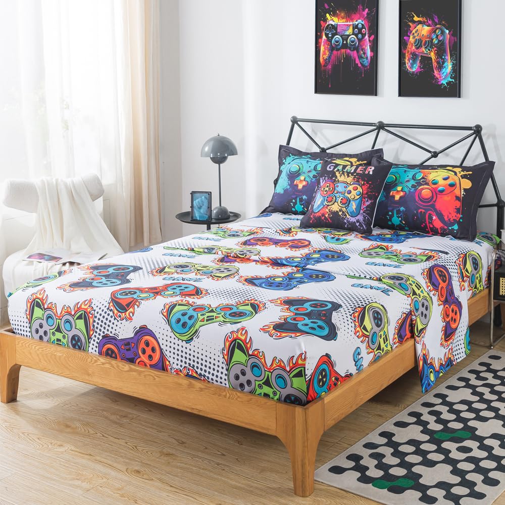 ADASMILE A & S 6 Pieces Gamer Comforter Sets for Boys Full Size Gaming Bedding Set Kids Teens Bed in A Bag Gamer Bed Set with Gamepad Sheets Soft Microfiber Controller Printed Home Decor