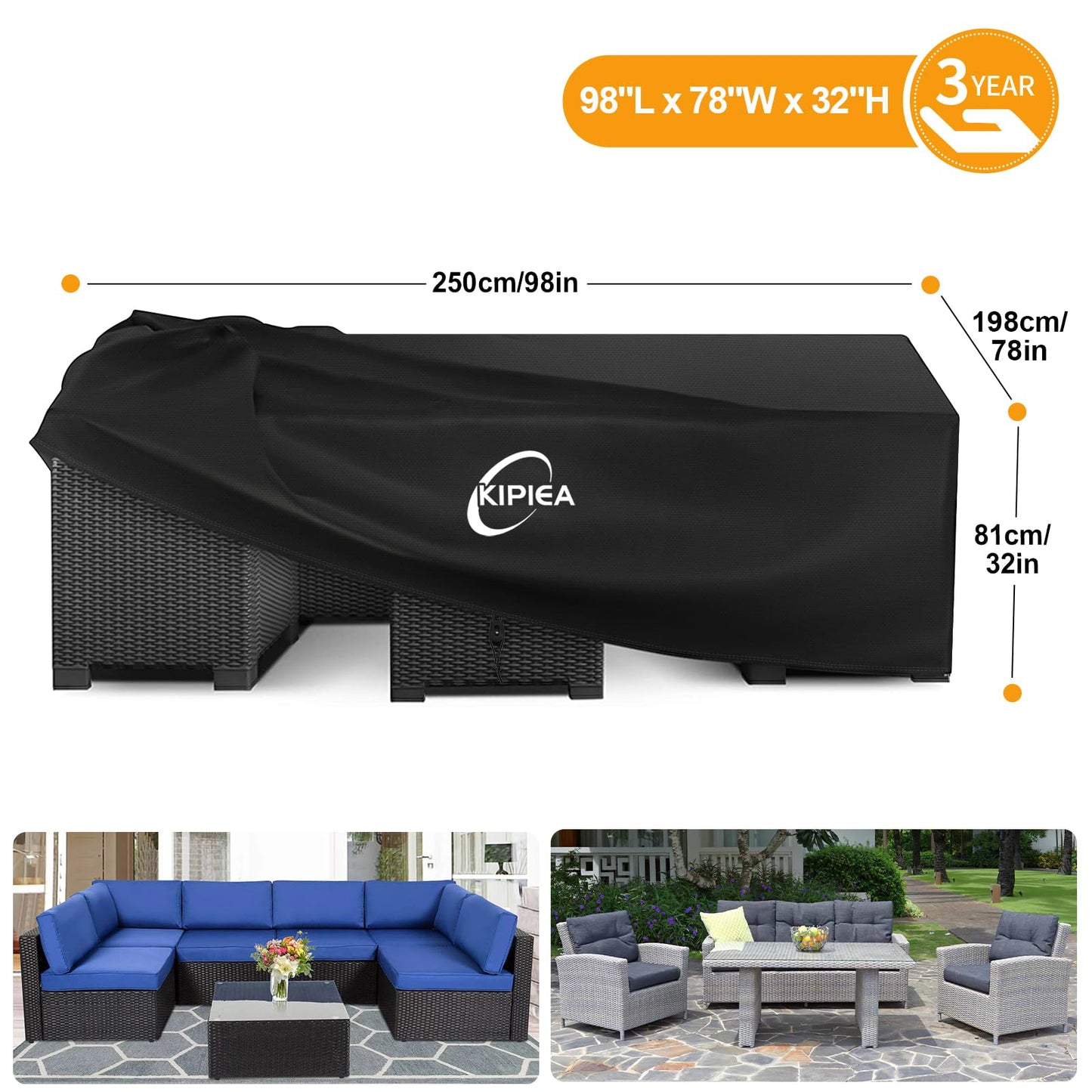 Kipiea 600D Patio Furniture Covers Waterproof Winter, Outdoor Furniture Set Covers for Table Chairs, Heavy-Duty Outdoor Sofa Covers with Anti UV and No Tears, No Fading (98" L x 78" W x 32" H）