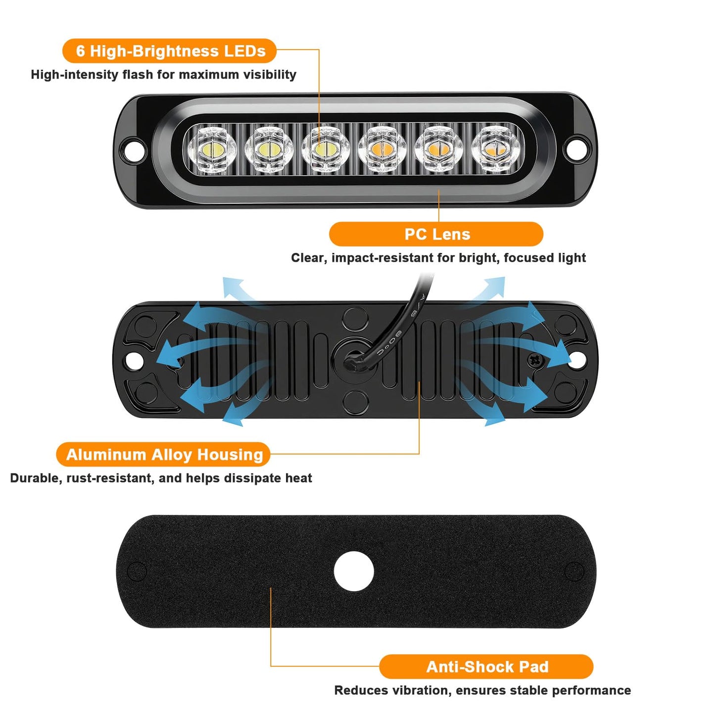 EEEKit LED Emergency Strobe Lights, Universal 10Pack 6LED Strobe Warning Emergency Flashing Light Surface Mount Amber/White Emergency Warning Hazard Strobe Light Bar for Off Road Vehicle Truck ATV SUV