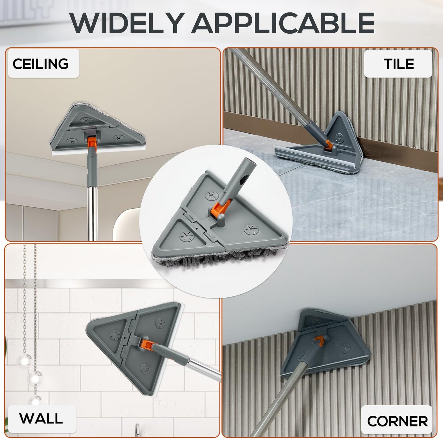 Feeloco Baseboard Cleaner Tool with Handle,360°Rotating Wall Cleaner Mop,180° Folding Ceiling Tool Duster with Squeegee for Cleaning Baseboard,Wall,Ceiling,Window,Floor,8 Replacement Cleaning Pads