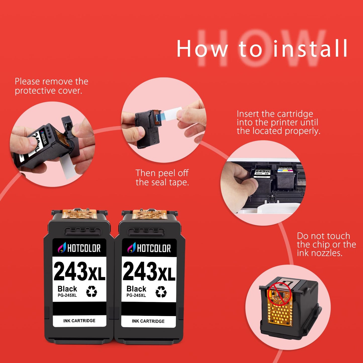 HOTCOLOR PG-243XL(245XL) ts3420 Ink cartridges PG243 Replacement for Canon 243 Black Ink Cartridge for Canon Printer Ink 243 244 for Canon pixma ts3420 Ink TS3400 TR4522 MG2524 (2 Black)