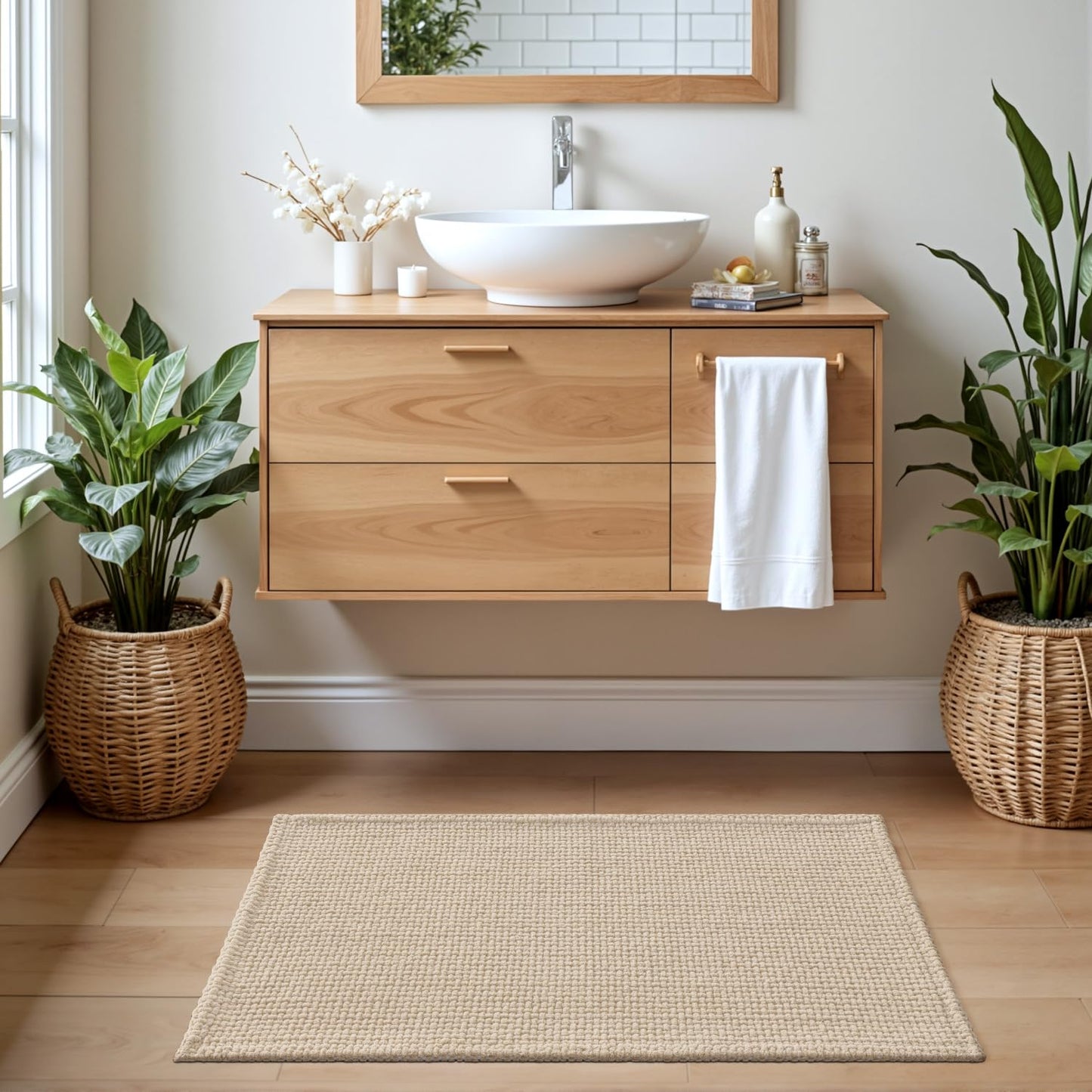 DEXI Bath Mat 24x36 Soft Absorbent Chenille Rug for Bathroom, Non Slip Washable Bathmat Shower Floor Carpet for Tub, Sink, Beige