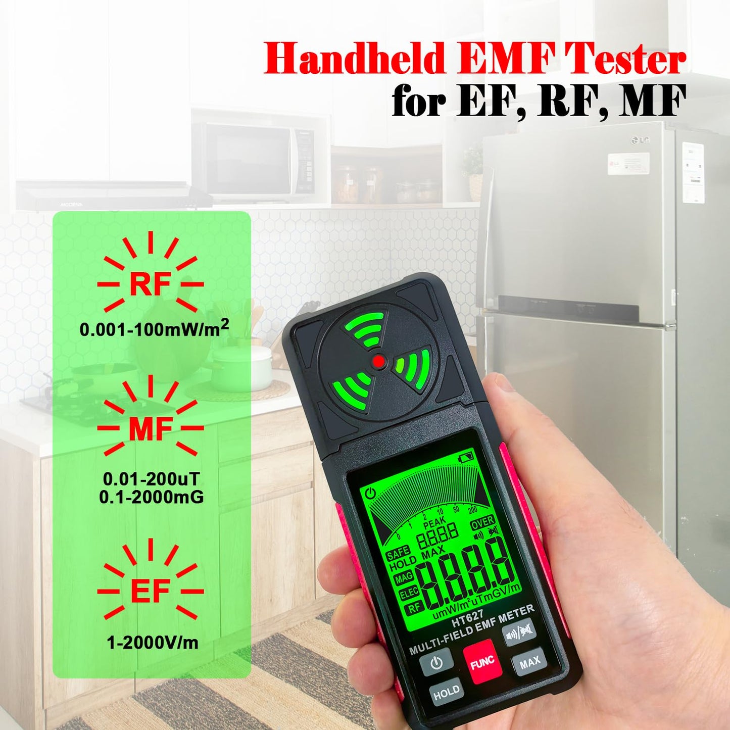EMF Meter, 3-in-1 Portable Electromagnetic Field Radiation Detector Handheld EMF Tester for EF, RF, MF, WiFi Signal, Radio Frequency Detector Suitable for Home Office EMF Inspections Ghost Hunting