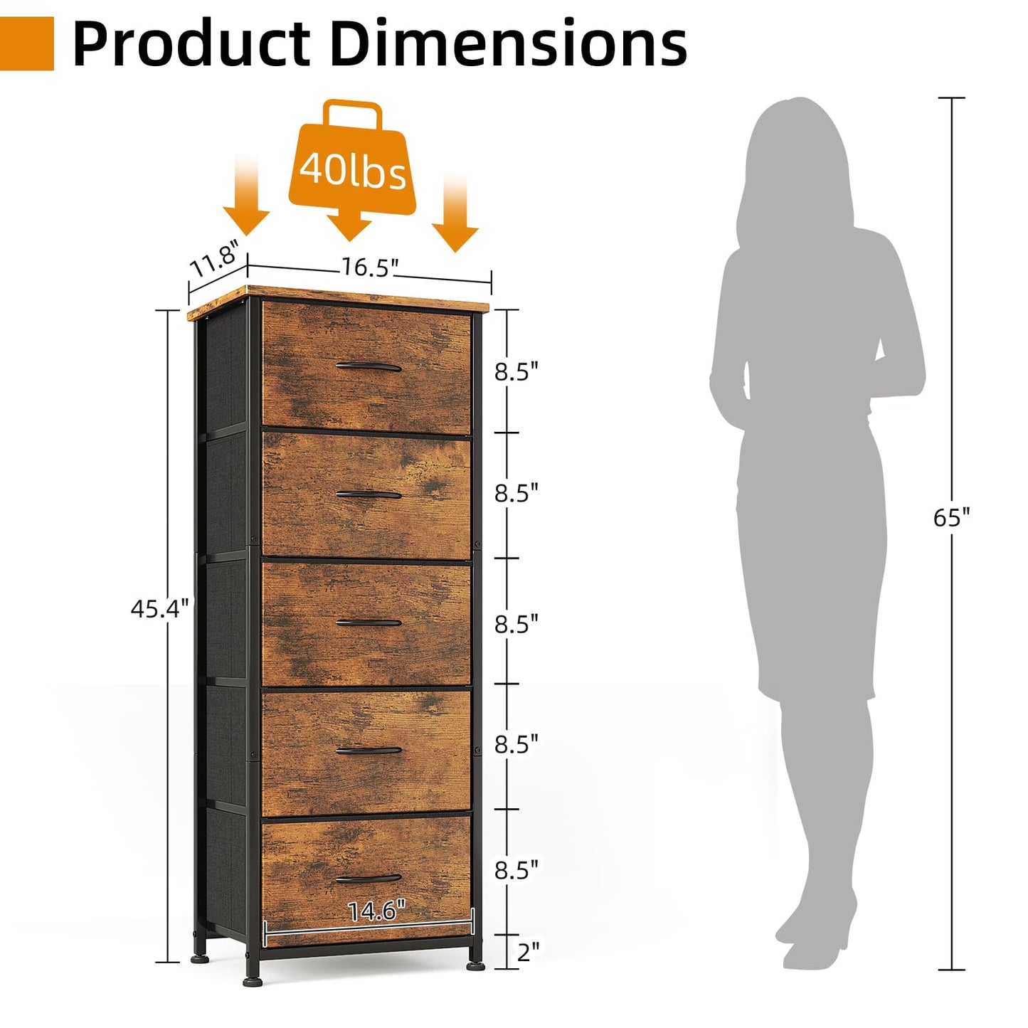 CAIYUN 5 Drawer Tall Dresser, Dresser for Bedroom Entryway Hallway, Closet Storage Drawer, Commode De Chambre, Armoire De Rangement, Rustic Brown