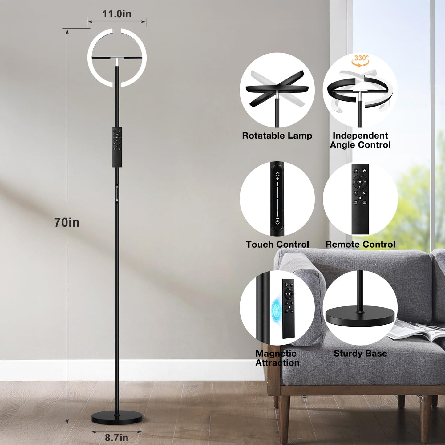 Ambimall Torchiere Floor Lamp, 2400LM LED Floor Lamp with Touch an d Remote Control, 70" Tall Standing Lamp with Stepless Dimmable and 3000K-5000K Color, Separately Rotatable Design(Black)