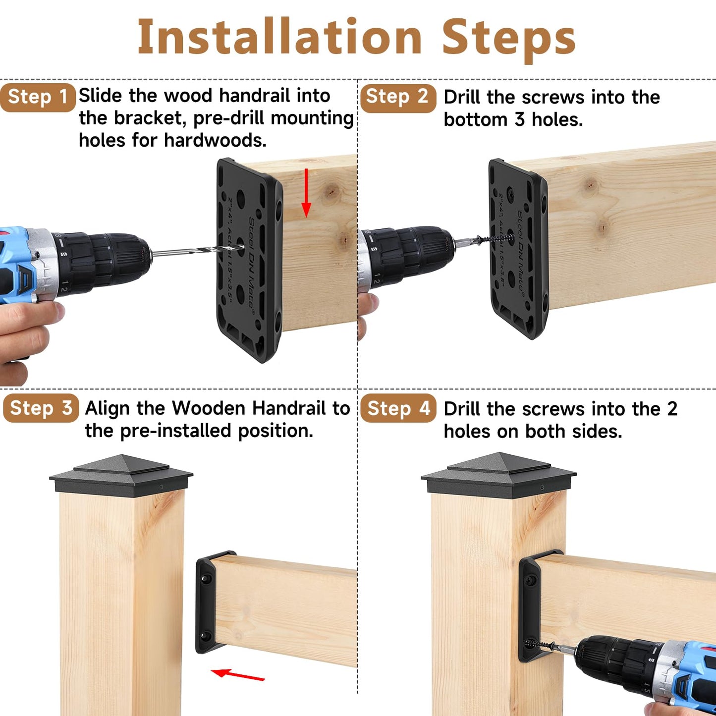 DN Mate 40 PCS Deck Railing Bracket Connectors for 2x4 (Actual 1.5”x3.5”) Wood Deck Railing Post to Handrail, Stair Railing Connectors with Coated Wood Screws,Drill Bit, Fence Railing Brackets
