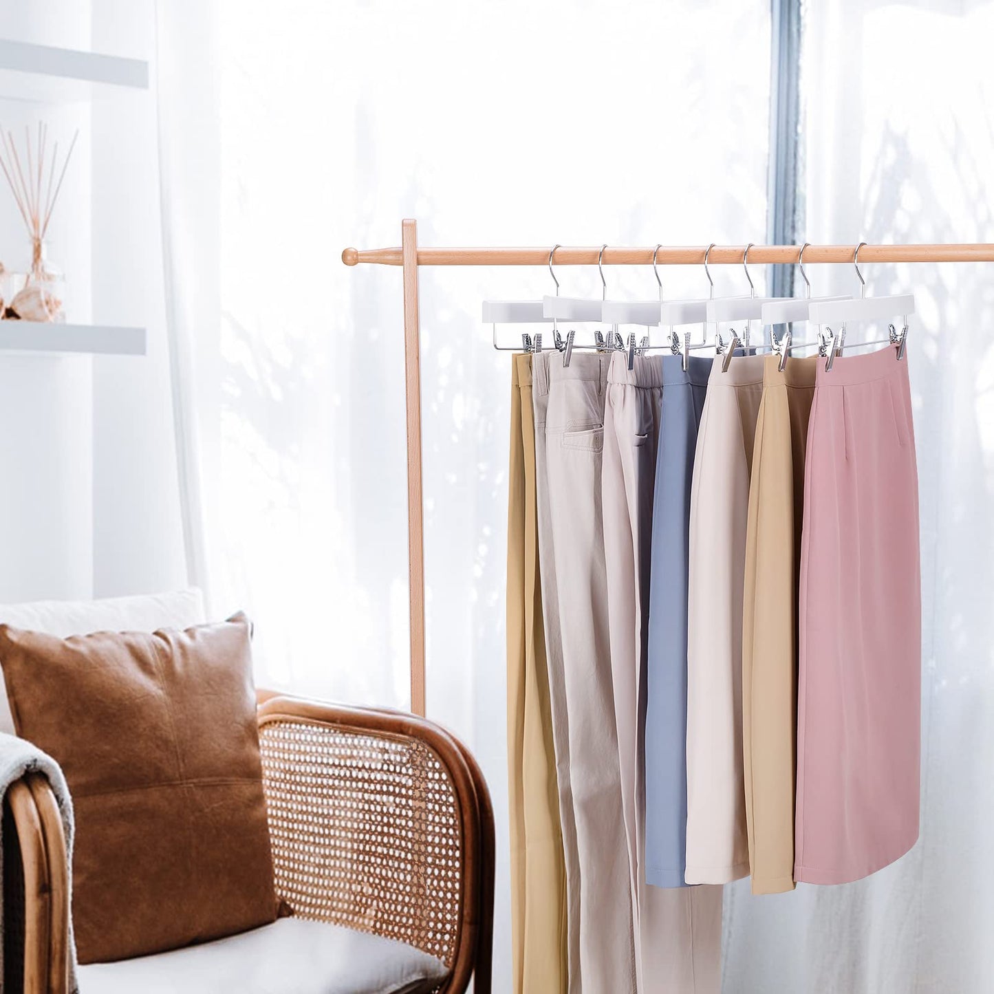 Nature Smile Solid Lotus Wood Deluxe Wooden Pants Hangers Bottom Hanger Jeans Hanger Skirt Hanger with 2-Adjustable Clips Anti-Rust Hook Pack of 10 (White)