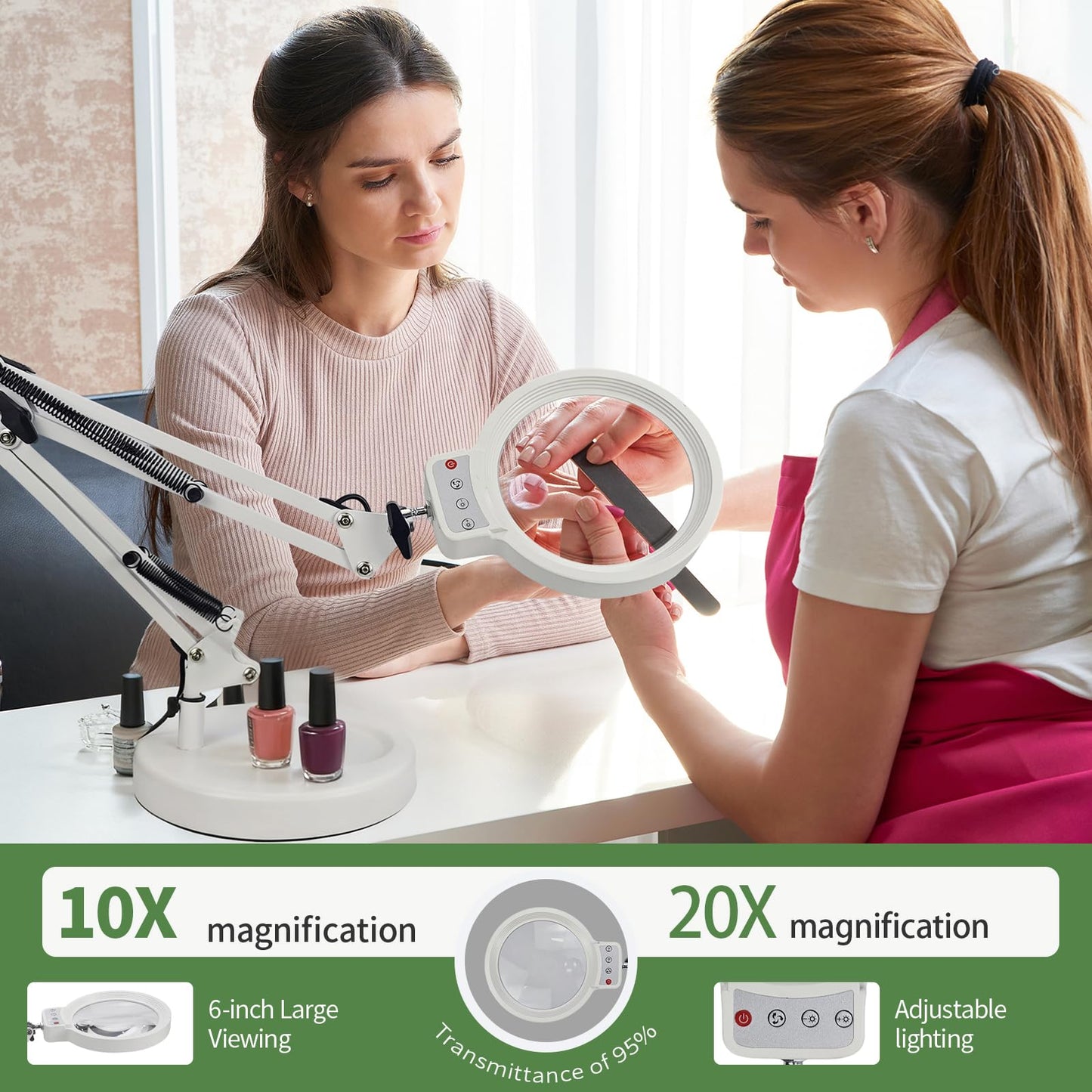 10X/20X Magnifying Glass with Light and Stand, LED Desk Lamp with Base and Clamp, 3 Color Mode, 10 Dimmable Levels Desktop Magnifier, Hands Free for Reading Crafts Jewelry Sewing Close Work