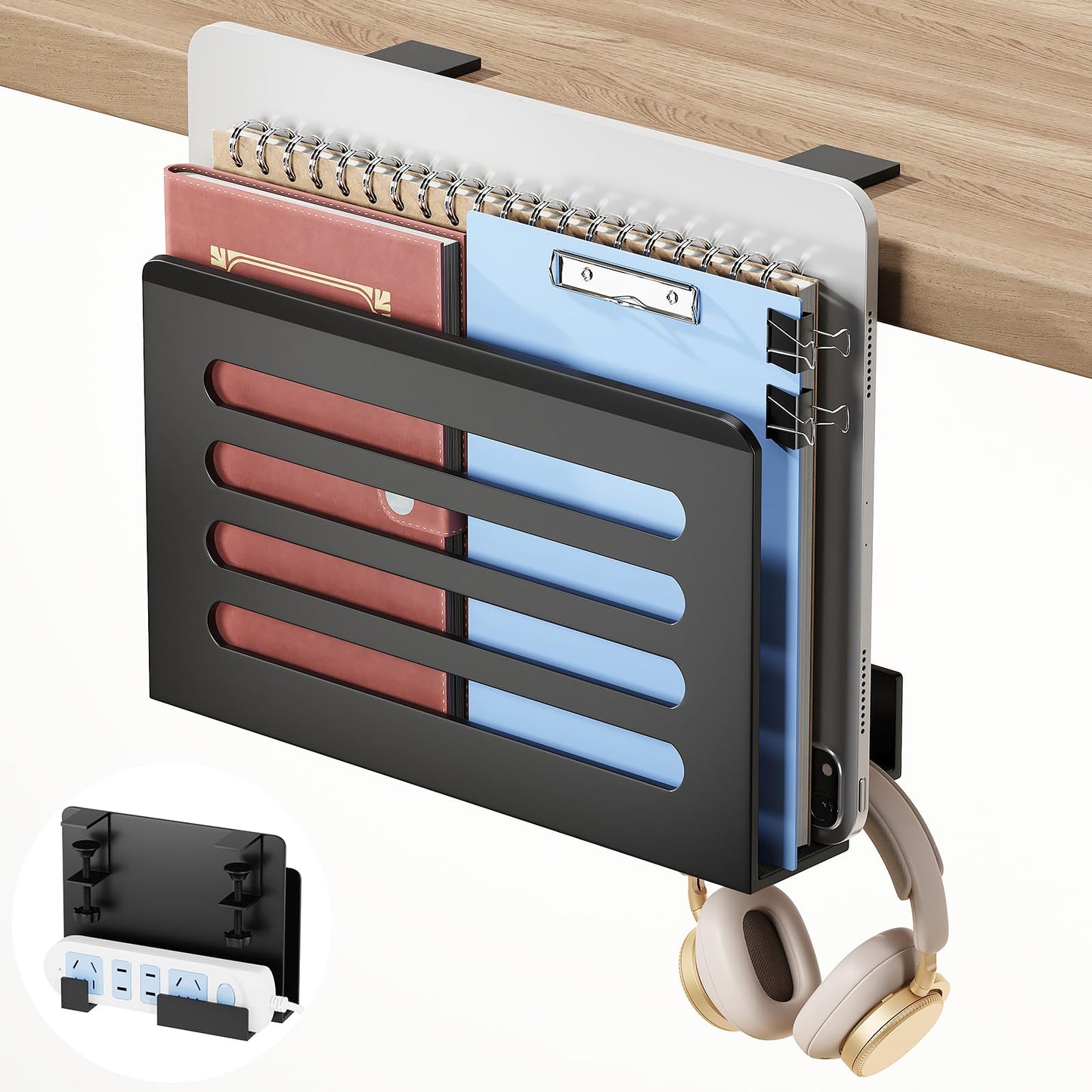 ROLIZOE 3 in 1 Desk Side Storage No Drilling Under Desk Laptop Holder with Headphone Hook & Cable Management Tray, Under Desk Storage Steel Clamp Anti-Slip Magazine File Holder for Desk Accessories